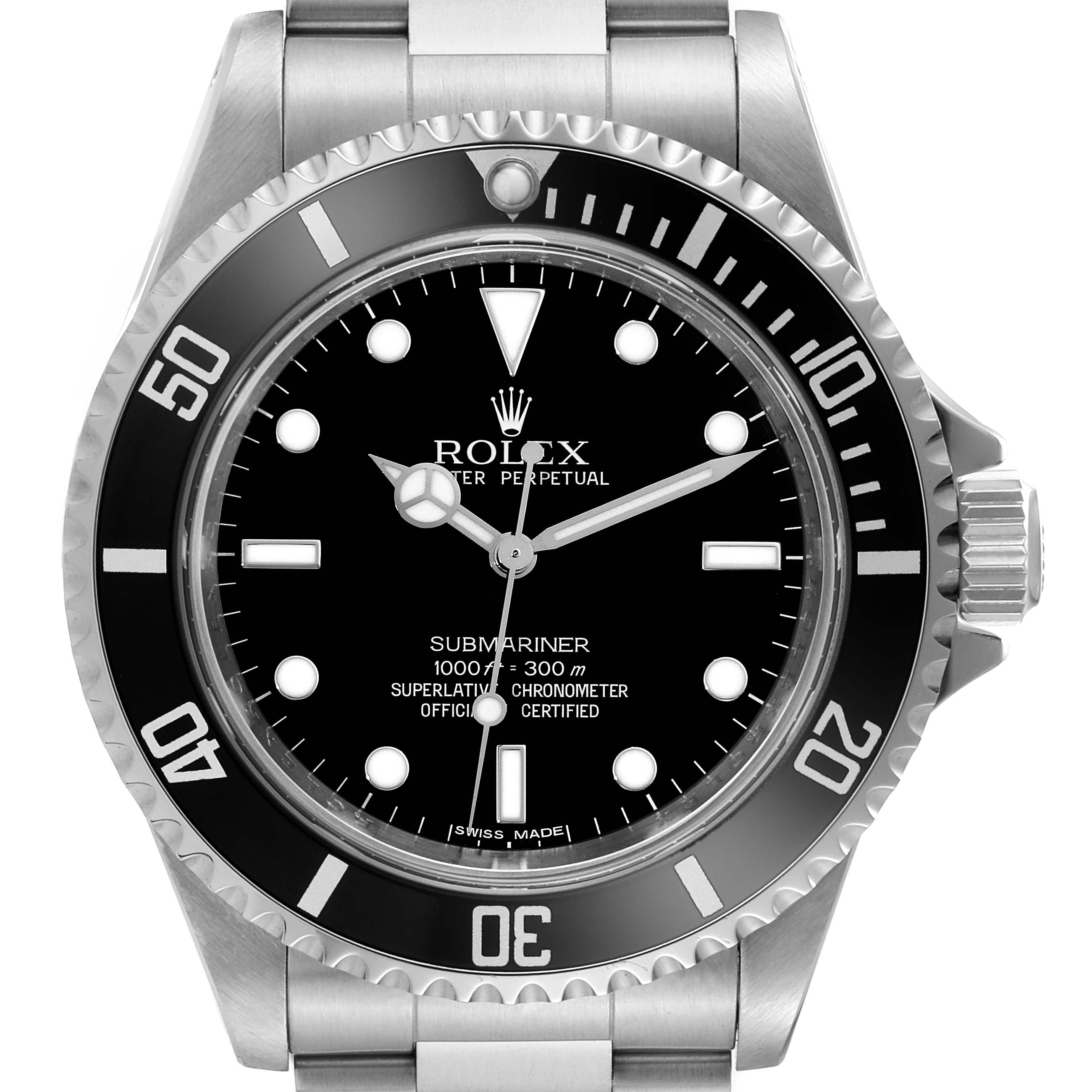 This image shows a front view of a Rolex Submariner 14060M Men
s Stainless Steel Black Dial 14060M Men
s Stainless Steel Black Dial watch, highlighting its dial, bezel, hands, and part of the bracelet.