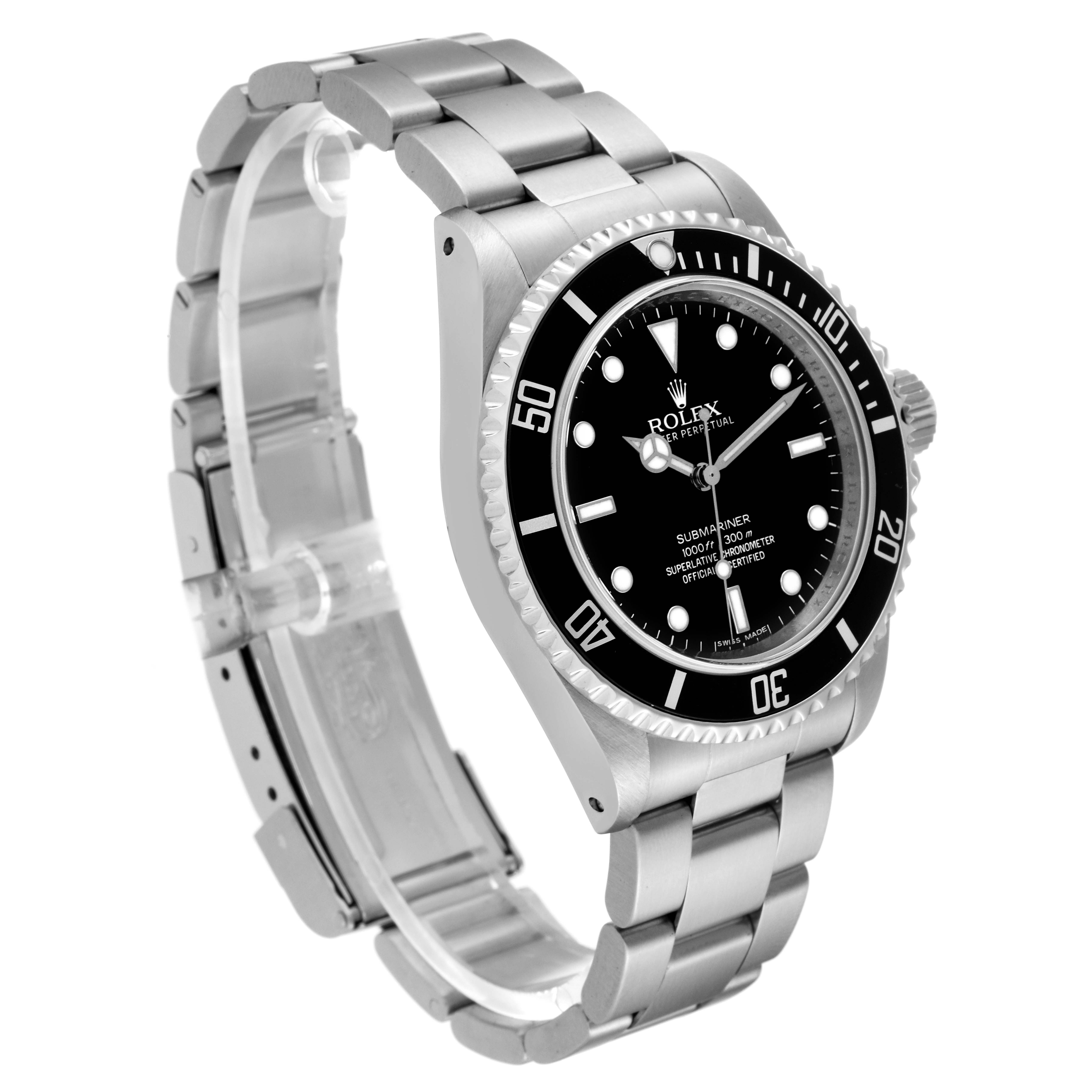 This image shows a Rolex Submariner 14060M Men
s Stainless Steel Black Dial 14060M Men
s Stainless Steel Black Dial watch from a three-quarter angle, highlighting the face, bezel, and stainless steel bracelet.