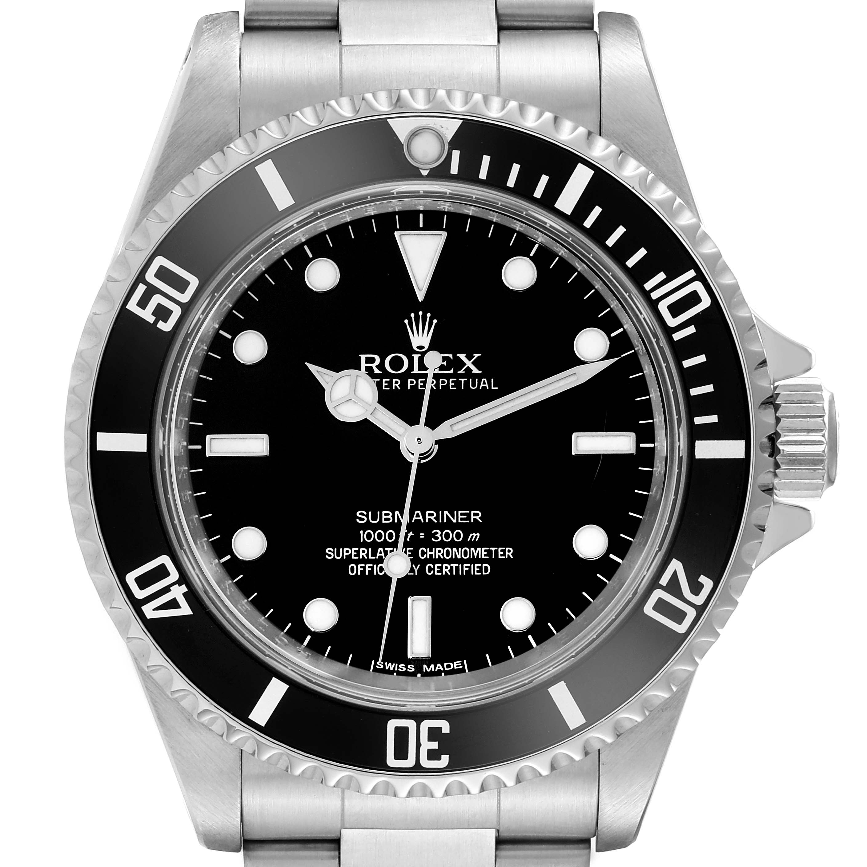 The image shows a frontal view of a Rolex Submariner 14060M Men
s Stainless Steel Black Dial 14060M Men
s Stainless Steel Black Dial watch, highlighting the bezel, dial, hands, and a portion of the band.
