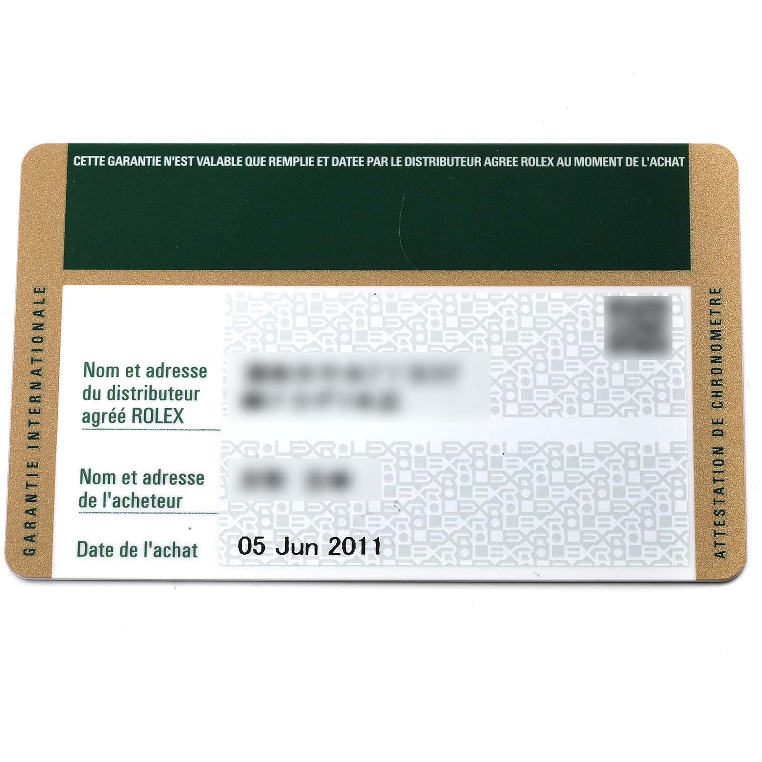 The image shows the warranty card for a Rolex Submariner 14060M Men
s Stainless Steel Black Dial 14060M Men
s Stainless Steel Black Dial watch.