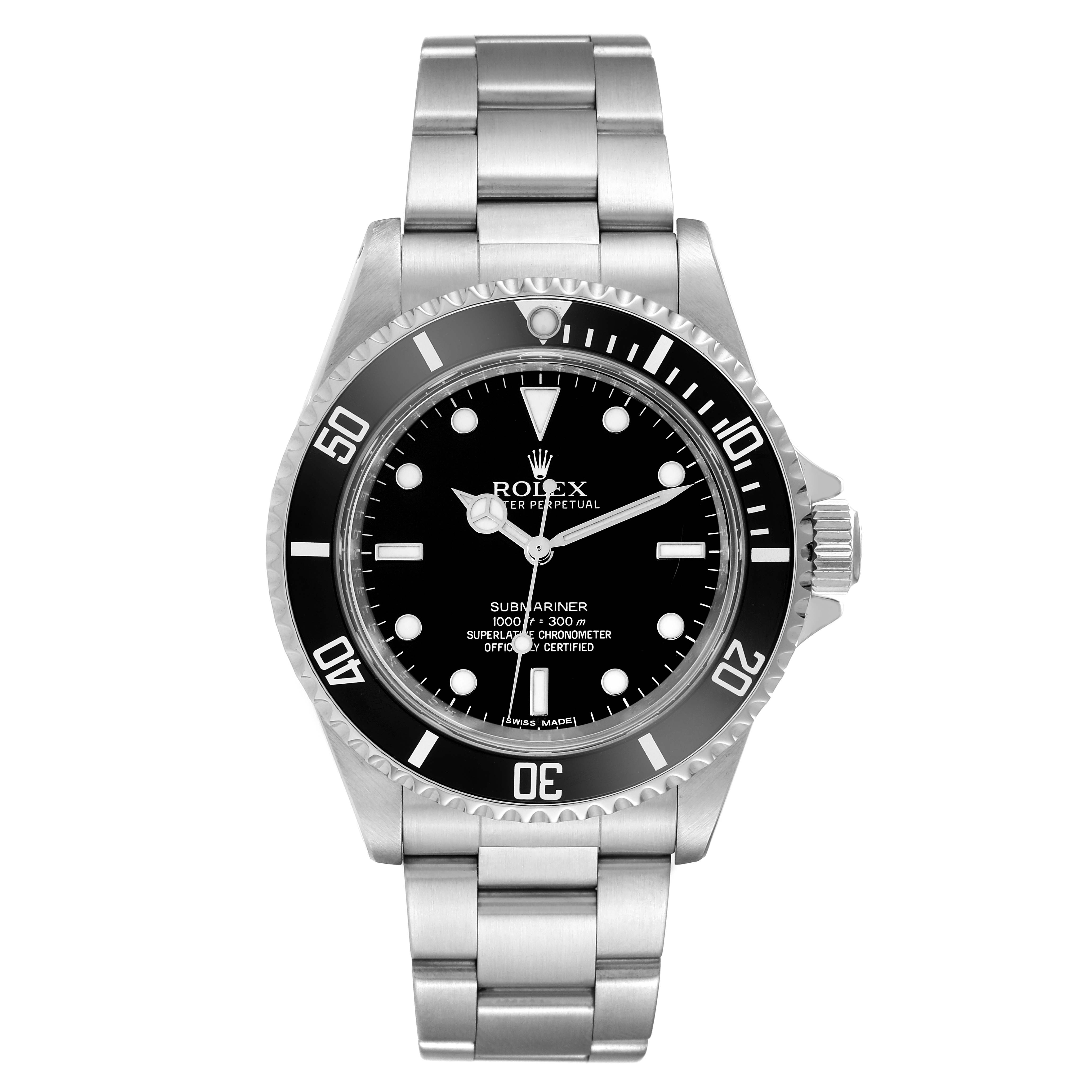 This image shows a front view of a Rolex Submariner 14060M Men
s Stainless Steel Black Dial 14060M Men
s Stainless Steel Black Dial watch, displaying its black dial, bezel, and stainless steel bracelet.