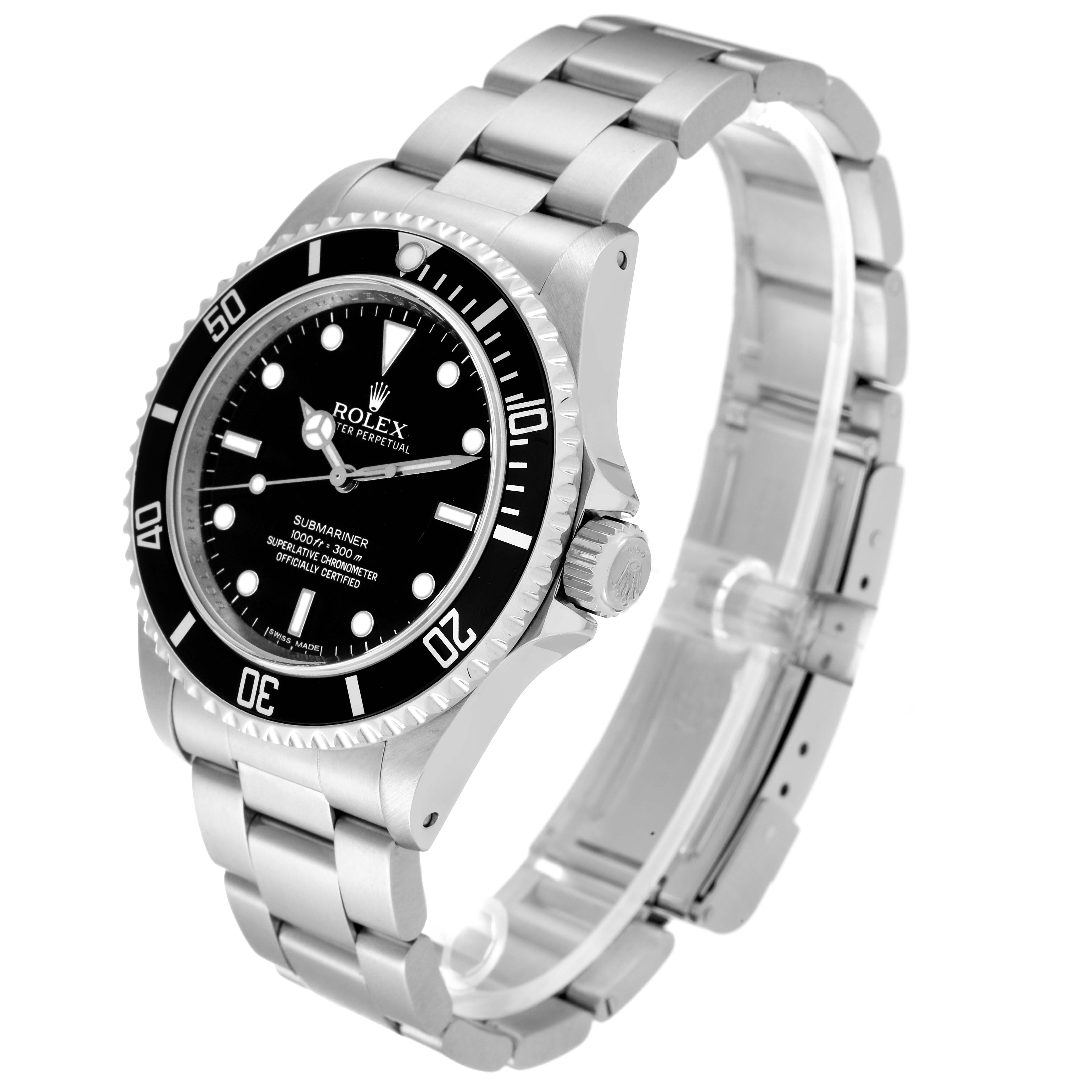 This image shows a Rolex Submariner 14060M Men
s Stainless Steel Black Dial 14060M Men
s Stainless Steel Black Dial watch at a three-quarter angle, highlighting the dial, bezel, crown, and bracelet.