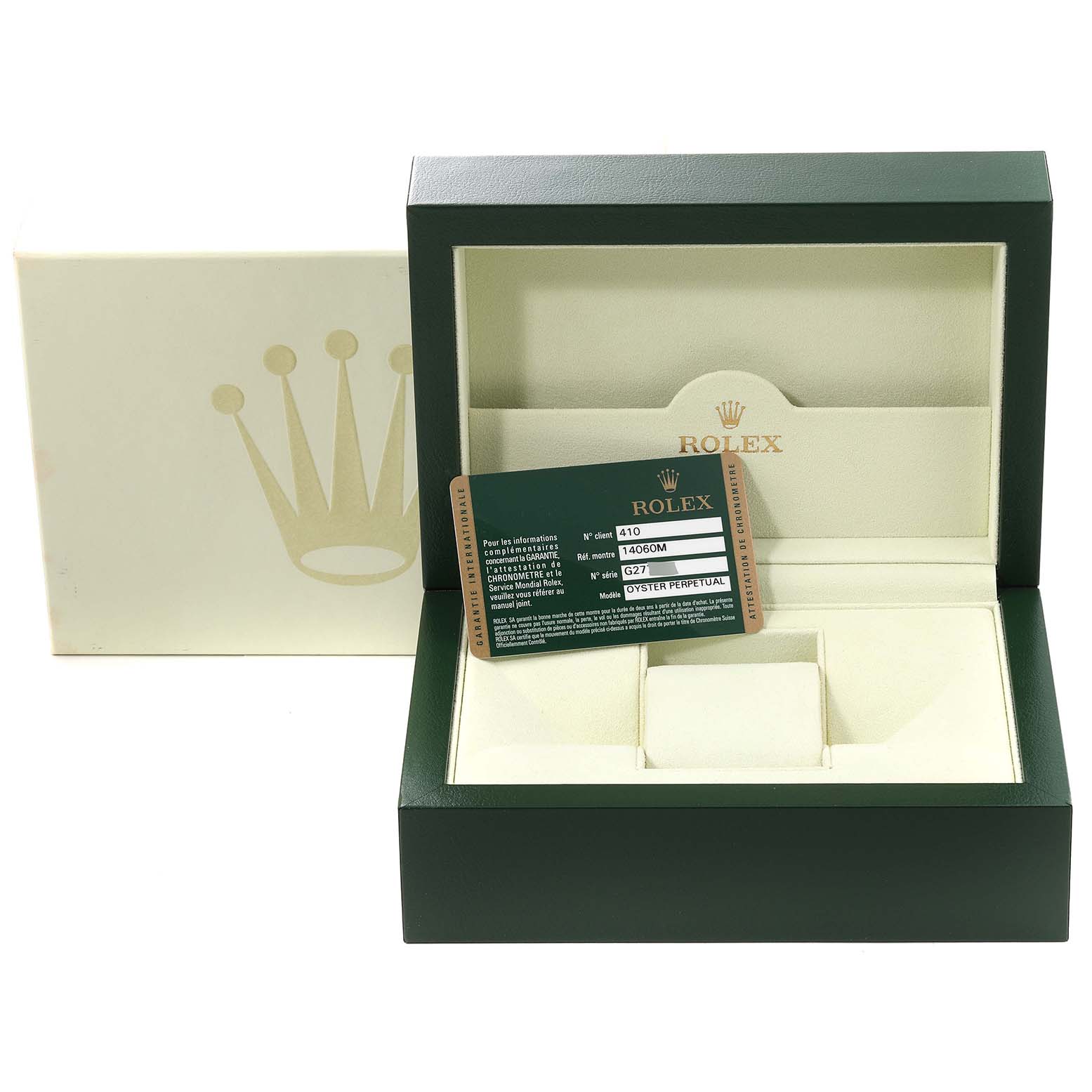 The image shows an open Rolex Submariner 14060M Men
s Stainless Steel Black Dial 14060M Men
s Stainless Steel Black Dial box with a warranty card and a beige insert for placing the watch.