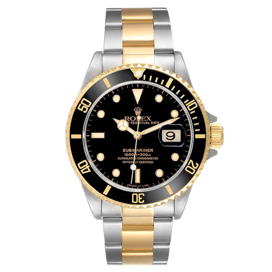 The Rolex Submariner watch is shown from a front angle, highlighting the dial, bezel, and two-tone bracelet.