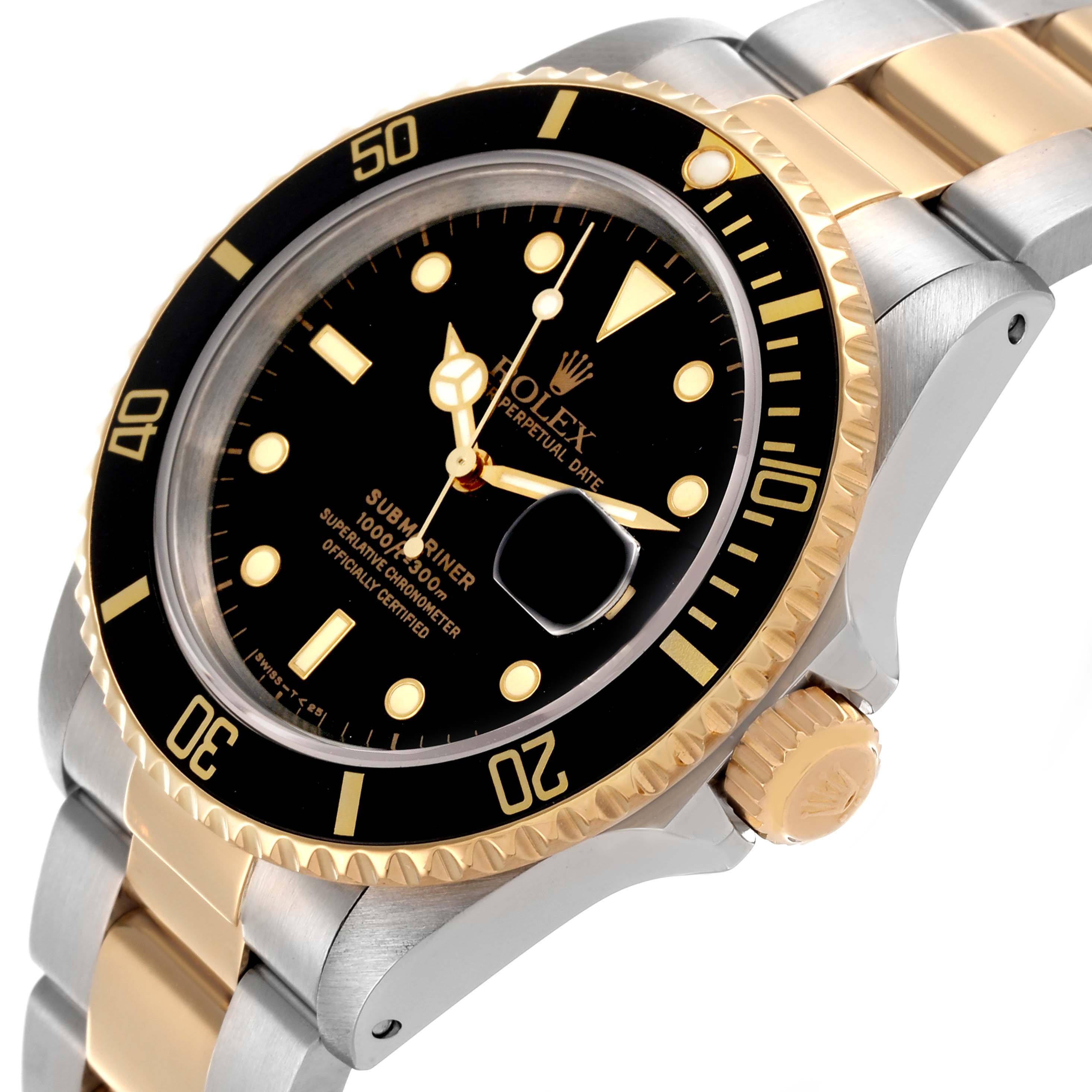 The Rolex Submariner 16613 Men's Steel and Gold (two tone) Black Dial 16613 Men's Steel and Gold (two tone) Black Dial is shown at an angle highlighting the bezel, dial, crown, and bracelet.