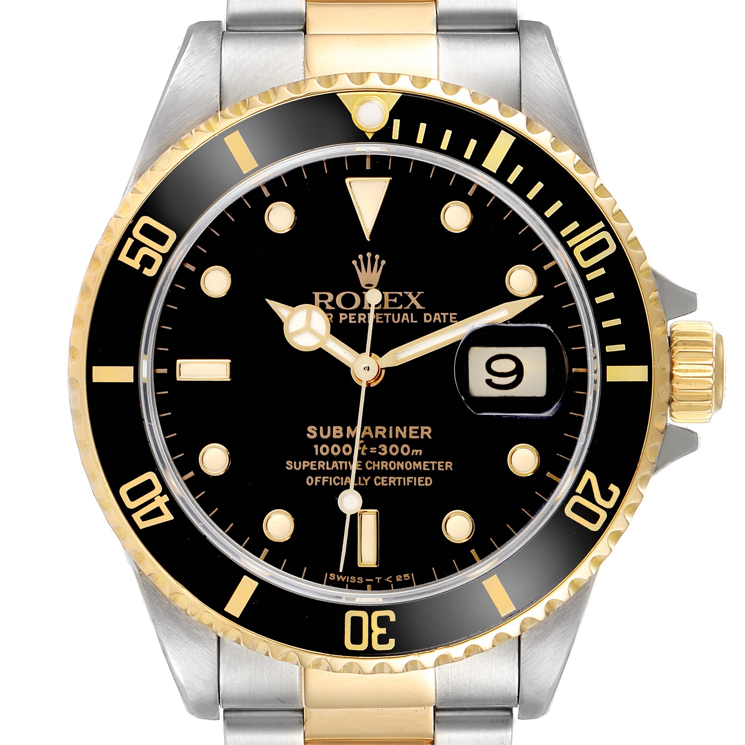 The Rolex Submariner 16613 Men's Steel and Gold (two tone) Black Dial 16613 Men's Steel and Gold (two tone) Black Dial watch is shown from the front, highlighting the dial, bezel, and part of the bracelet.