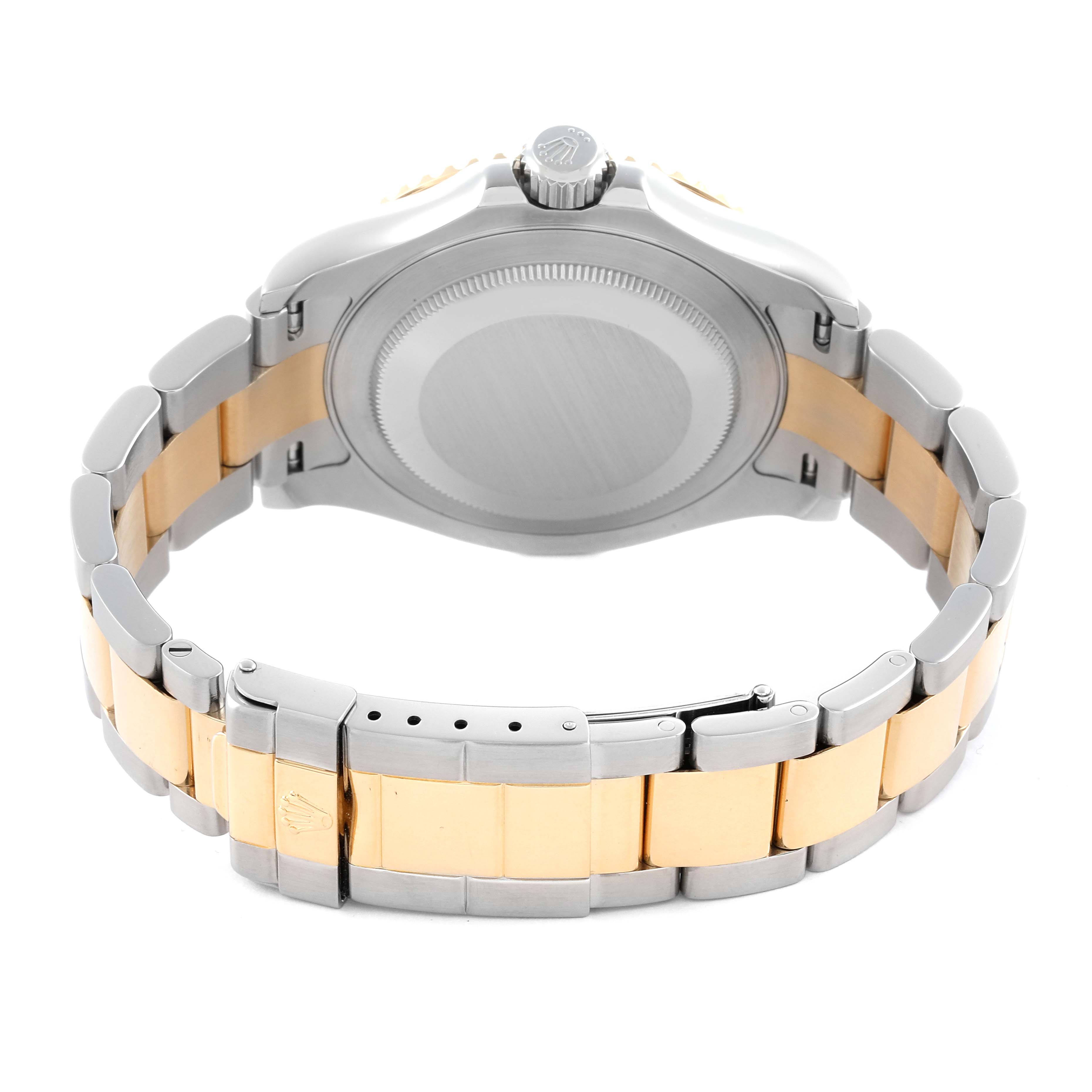 This image shows the back and band of a Rolex Yacht-Master 66270 Men's Steel and Gold (two tone) White Dial 66270 Men's Steel and Gold (two tone) White Dial watch, highlighting the clasp and crown.