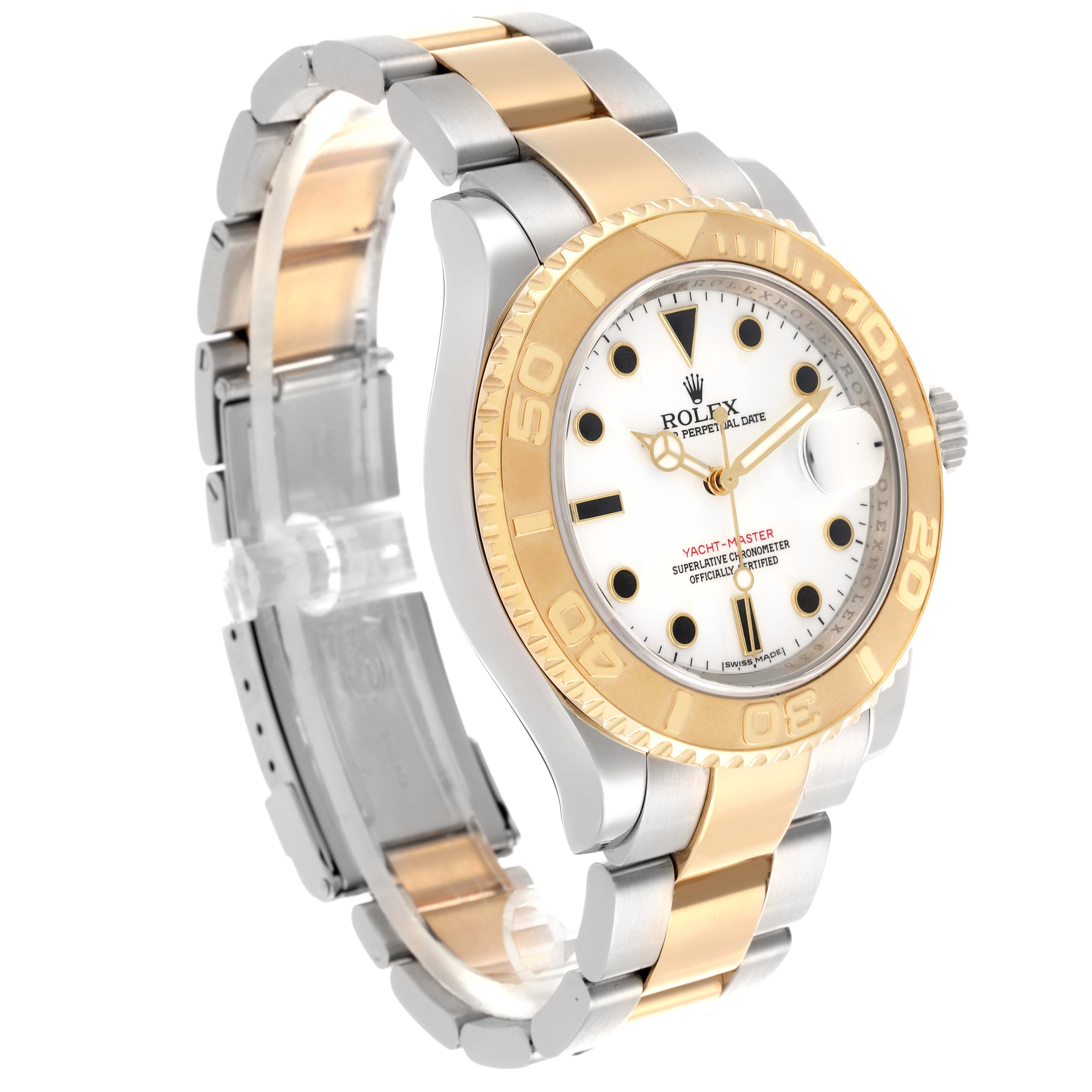 The Rolex Yacht-Master 66270 Men's Steel and Gold (two tone) White Dial 66270 Men's Steel and Gold (two tone) White Dial is shown at a side angle, highlighting the bezel, dial, and two-tone bracelet.