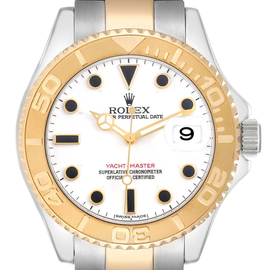 The image shows a front view of the Rolex Yacht-Master watch, highlighting its bezel, dial, and crown.