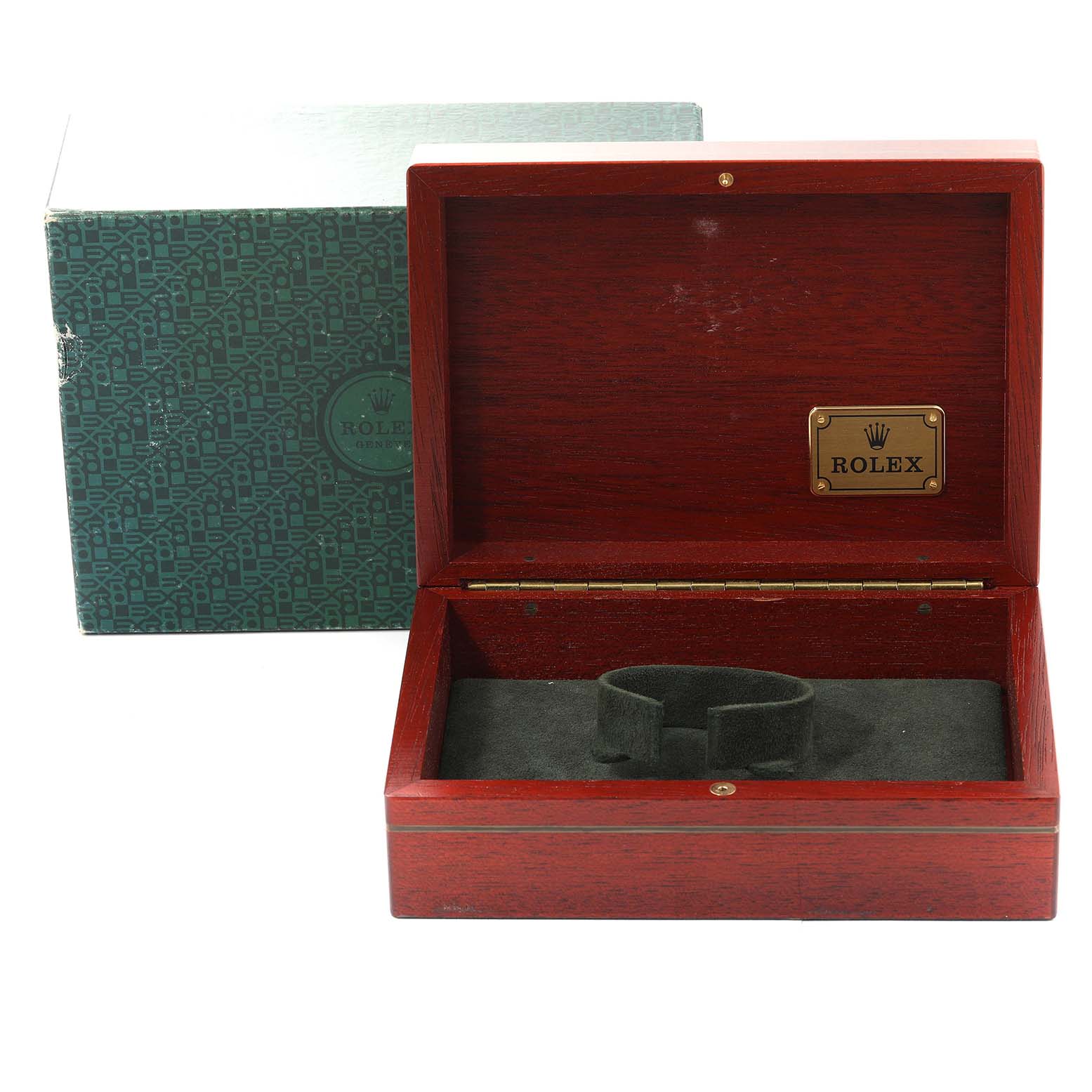 The image shows an open wooden box for a Rolex Yacht-Master 16628 Men's Yellow Gold Mother of Pearl Dial 16628 Men's Yellow Gold Mother of Pearl Dial watch, with the brand name plaque inside.