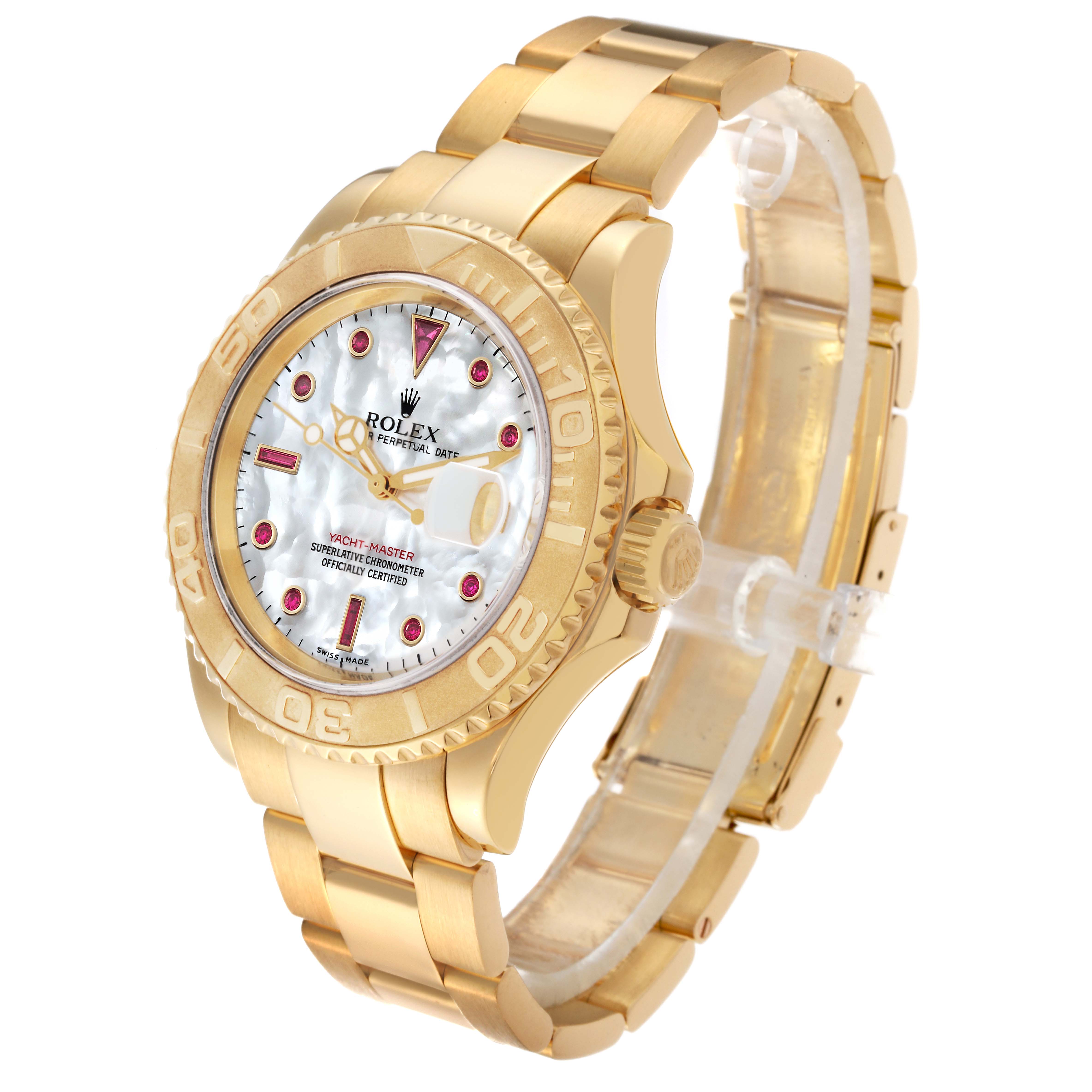 The Rolex Yacht-Master 16628 Men's Yellow Gold Mother of Pearl Dial 16628 Men's Yellow Gold Mother of Pearl Dial watch is shown at a three-quarter angle, highlighting the face, bezel, crown, and bracelet.
