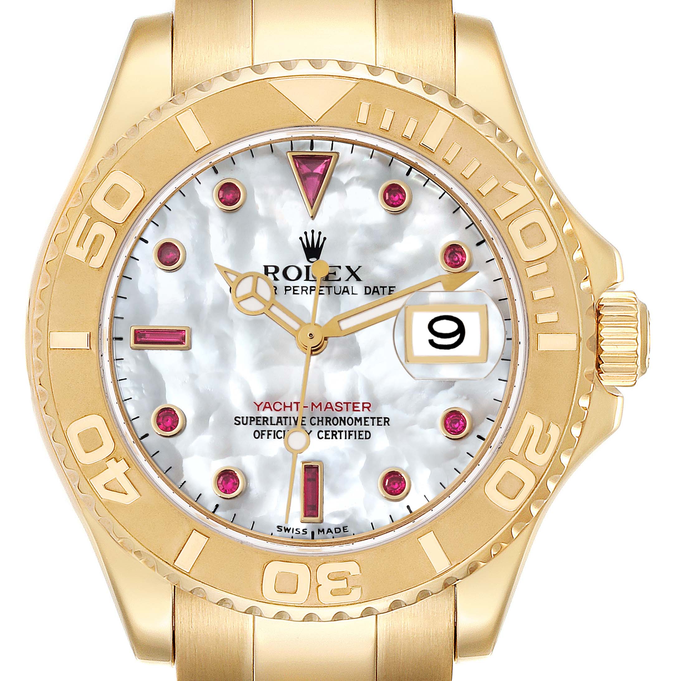 The Rolex Yacht-Master 16628 Men's Yellow Gold Mother of Pearl Dial 16628 Men's Yellow Gold Mother of Pearl Dial watch is shown from a front angle, highlighting the dial, bezel, and crown.