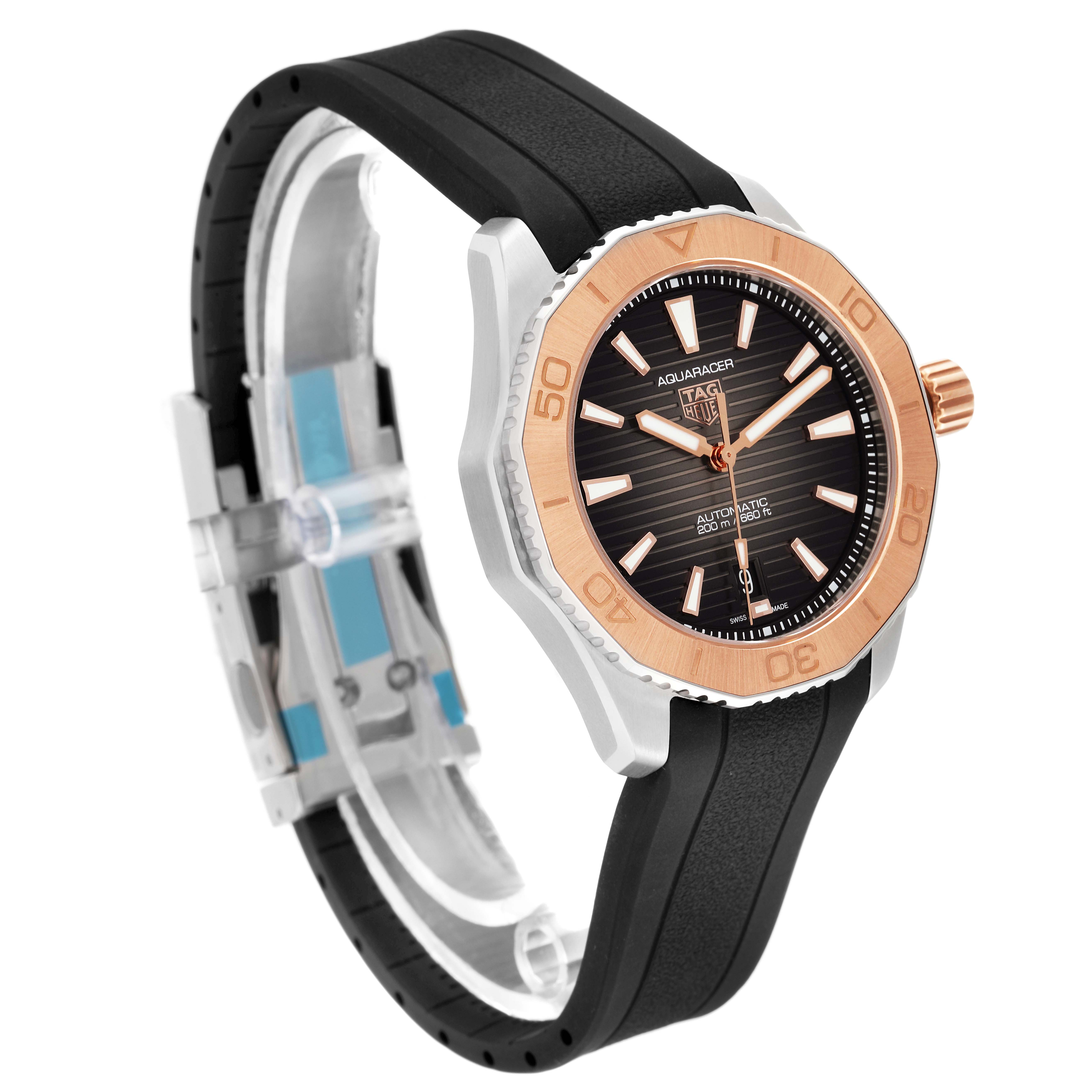 The image shows a Tag Heuer Aquaracer WBP2151.FT6199 Men's Steel and Gold (two tone) Black Dial WBP2151.FT6199 Men's Steel and Gold (two tone) Black Dial watch from a three-quarter side angle, highlighting its bezel, dial, strap, and crown.