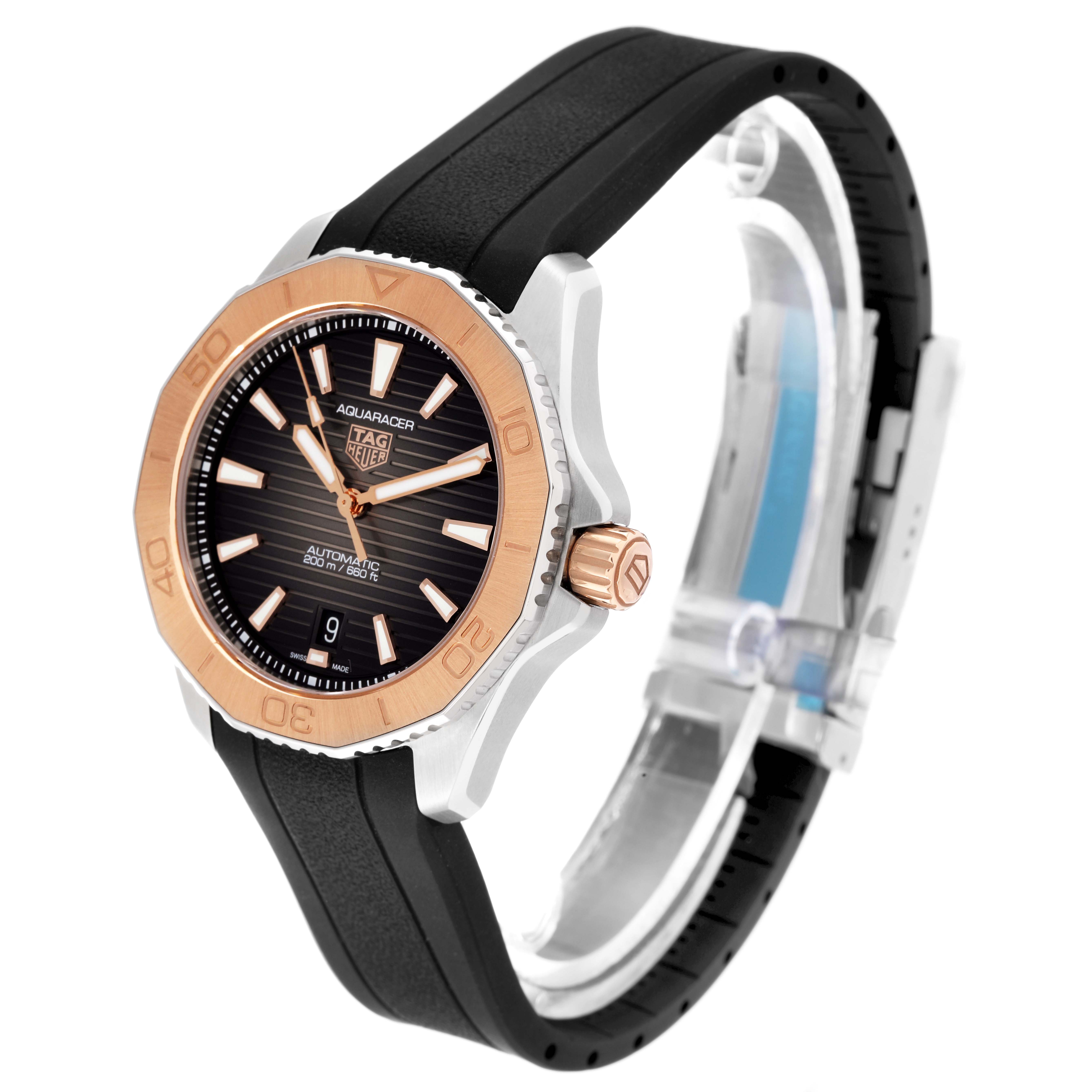 The image shows a Tag Heuer Aquaracer WBP2151.FT6199 Men's Steel and Gold (two tone) Black Dial WBP2151.FT6199 Men's Steel and Gold (two tone) Black Dial watch from a side angle, highlighting the bezel, crown, dial, and strap.