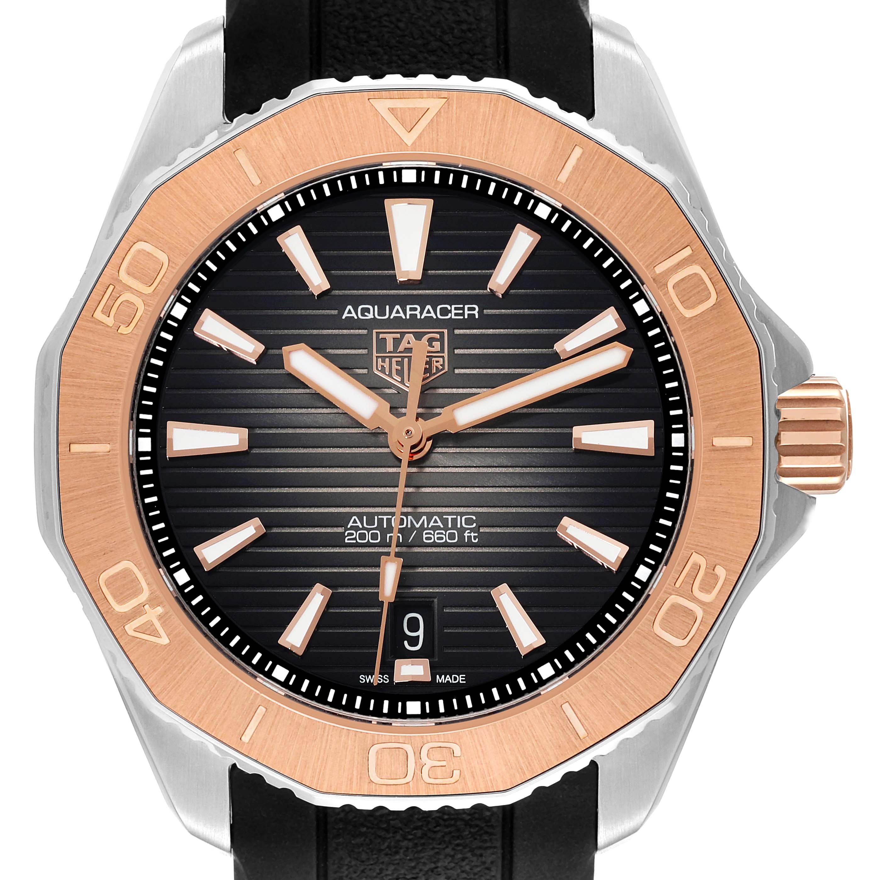The image shows a front view of the Tag Heuer Aquaracer WBP2151.FT6199 Men's Steel and Gold (two tone) Black Dial WBP2151.FT6199 Men's Steel and Gold (two tone) Black Dial watch, highlighting the dial, bezel, and crown.