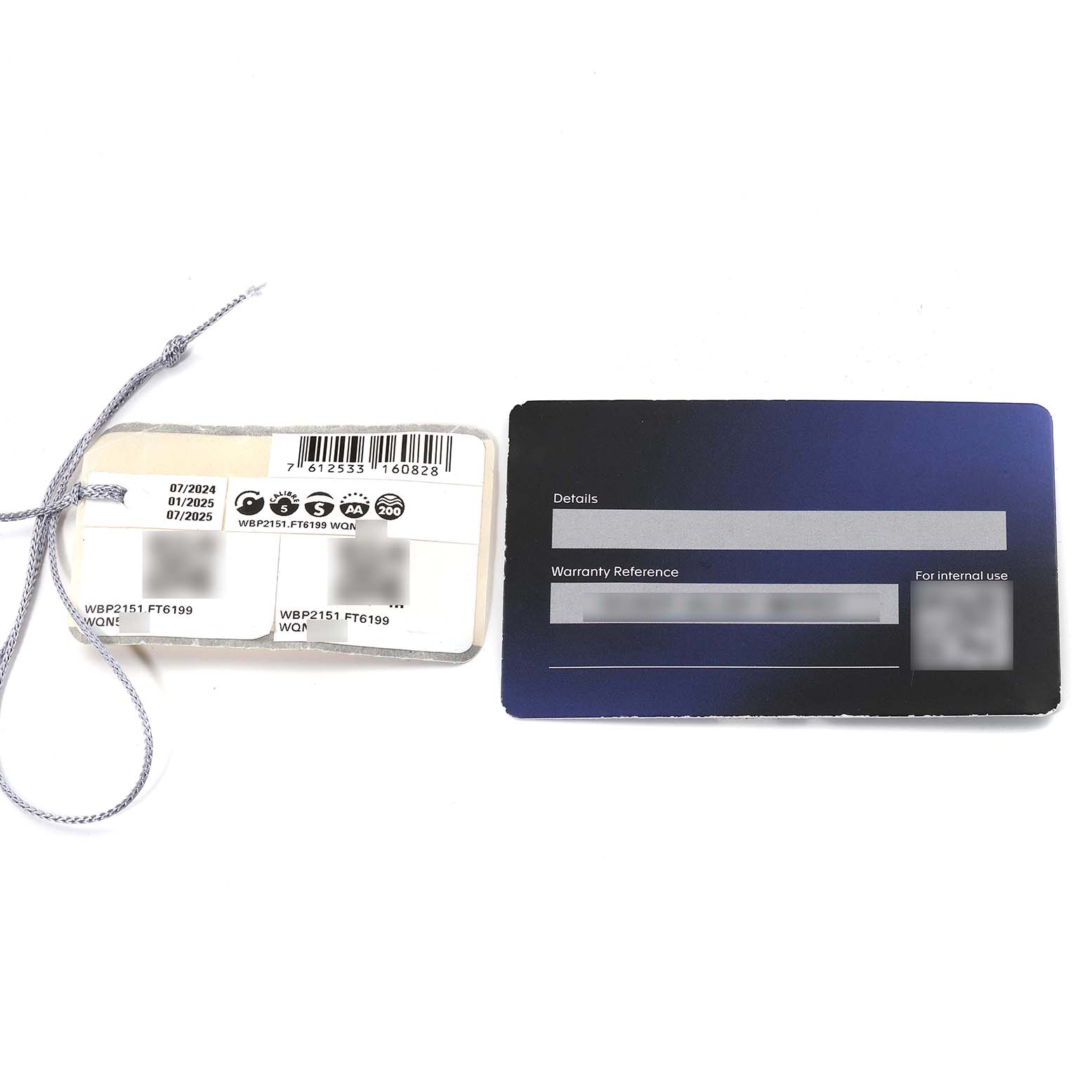 The image shows warranty cards and a tag accessory for the Tag Heuer Aquaracer WBP2151.FT6199 Men's Steel and Gold (two tone) Black Dial WBP2151.FT6199 Men's Steel and Gold (two tone) Black Dial model.