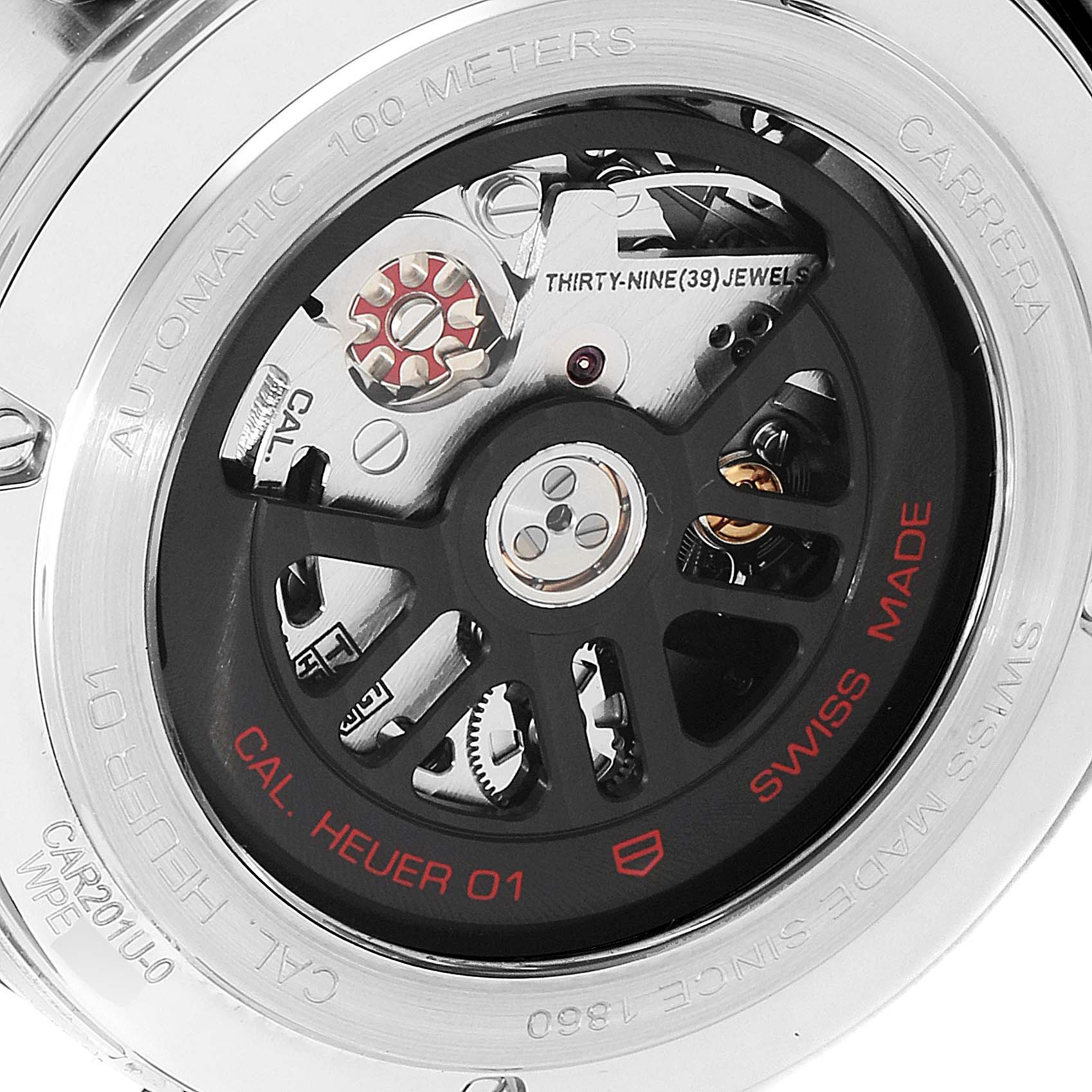 The image shows the back of a Tag Heuer Carrera CAR201U.BA0766 Men's Stainless Steel Brown Dial CAR201U.BA0766 Men's Stainless Steel Brown Dial watch, revealing its automatic movement and internal mechanisms.
