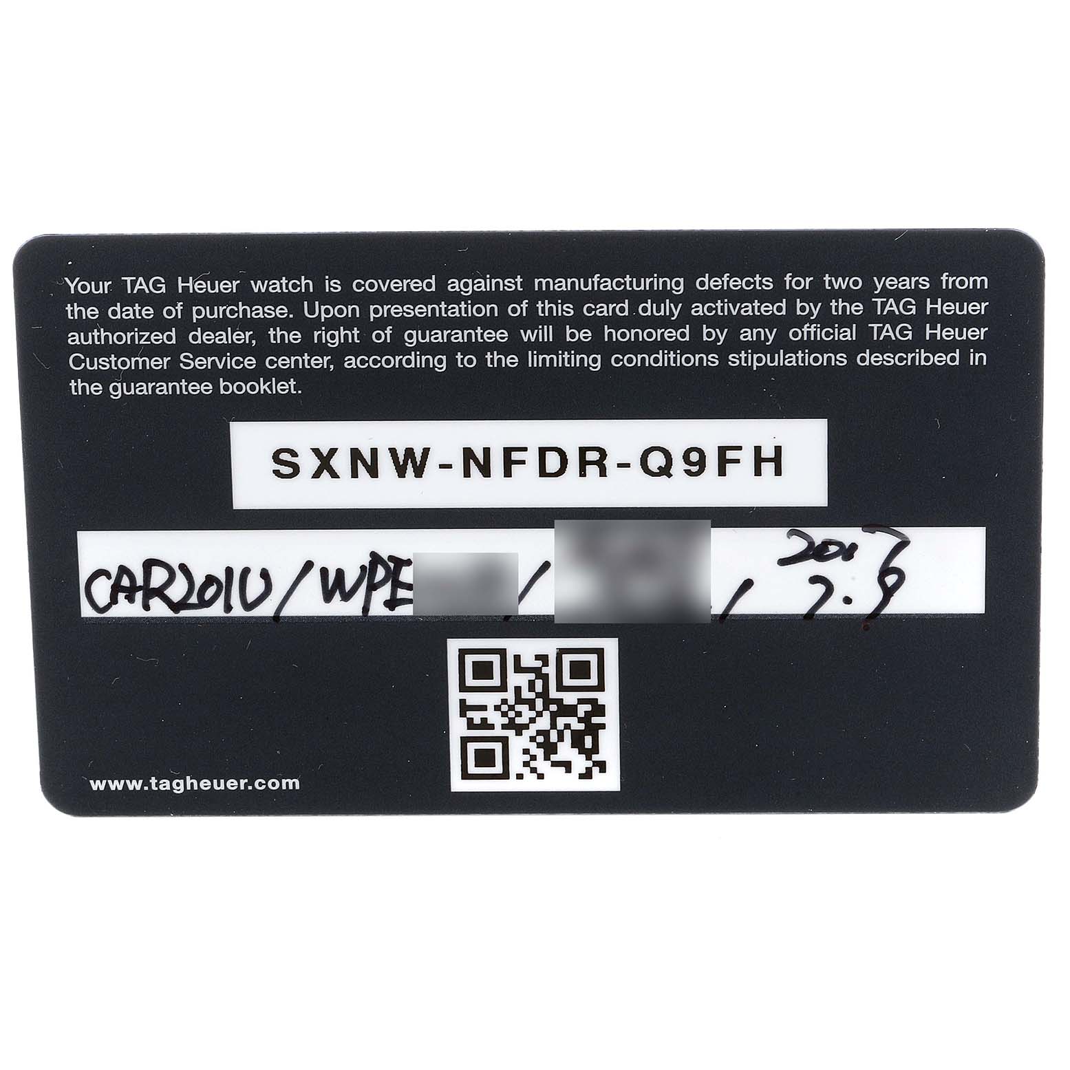 The image shows the warranty card for a Tag Heuer Carrera CAR201U.BA0766 Men's Stainless Steel Brown Dial CAR201U.BA0766 Men's Stainless Steel Brown Dial watch, displaying the serial number and QR code.