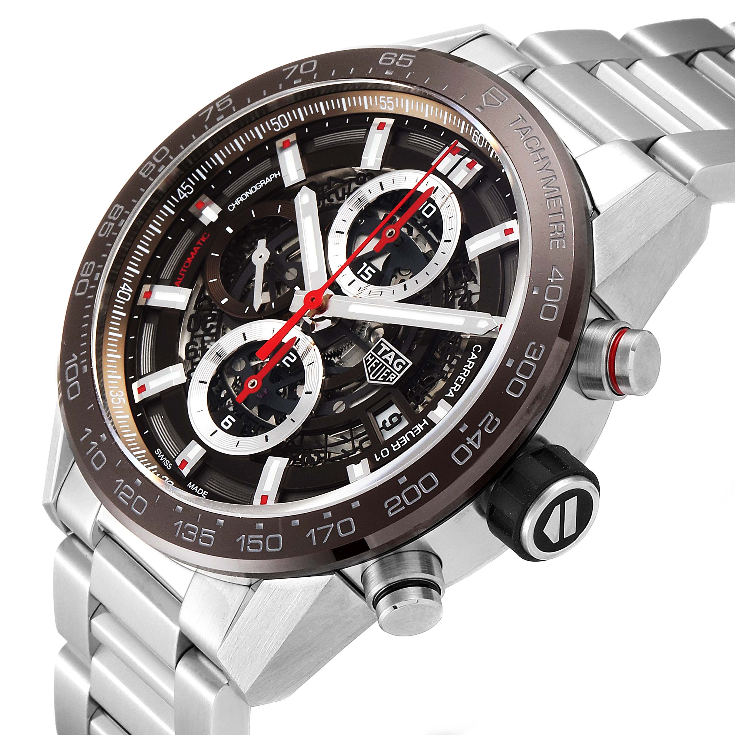 The Tag Heuer Carrera CAR201U.BA0766 Men's Stainless Steel Brown Dial CAR201U.BA0766 Men's Stainless Steel Brown Dial watch is shown at a three-quarter angle, displaying its face, metal band, and side buttons.