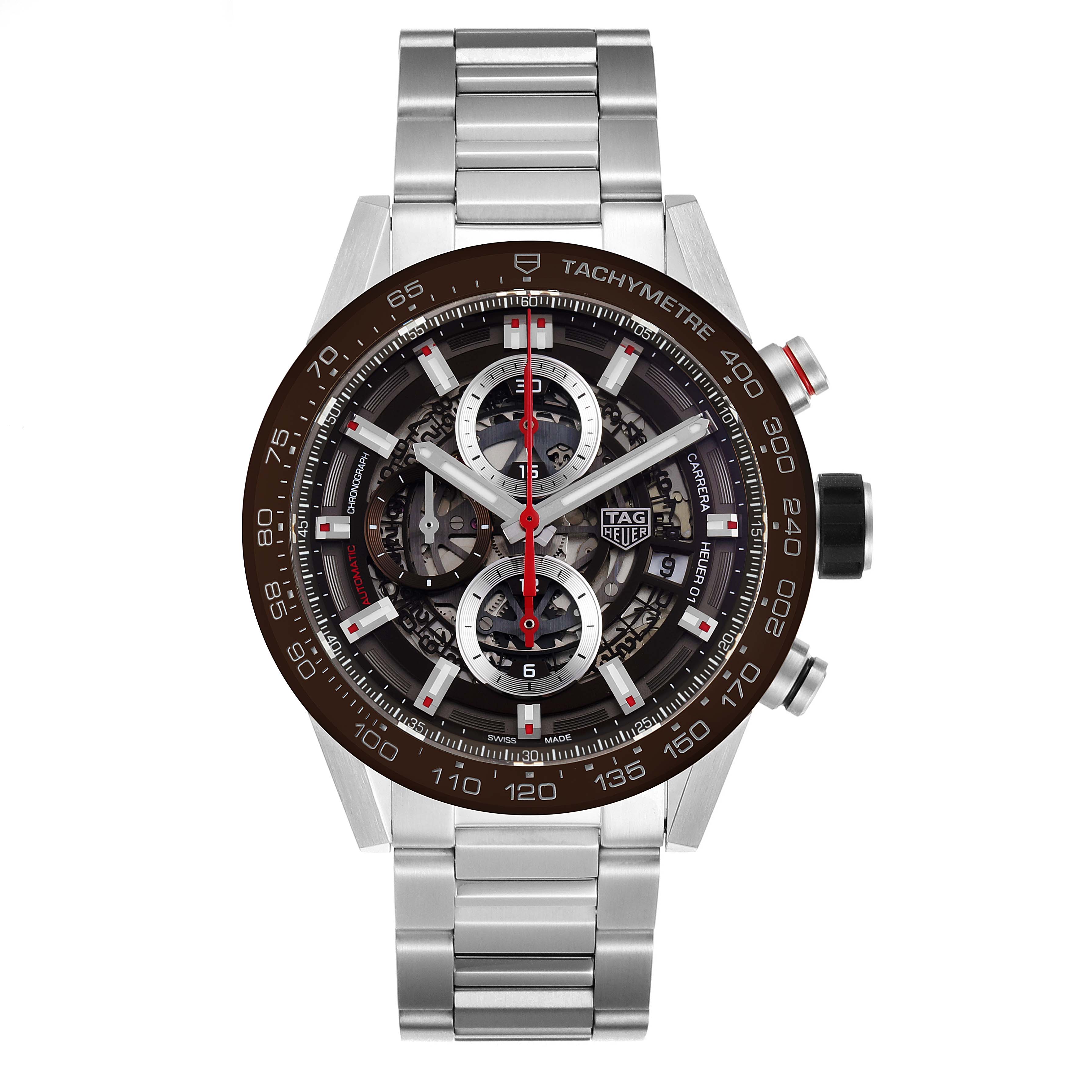 The image shows a front view of a Tag Heuer Carrera CAR201U.BA0766 Men's Stainless Steel Brown Dial CAR201U.BA0766 Men's Stainless Steel Brown Dial watch, featuring its dial, bezel, tachymetre, and bracelet.