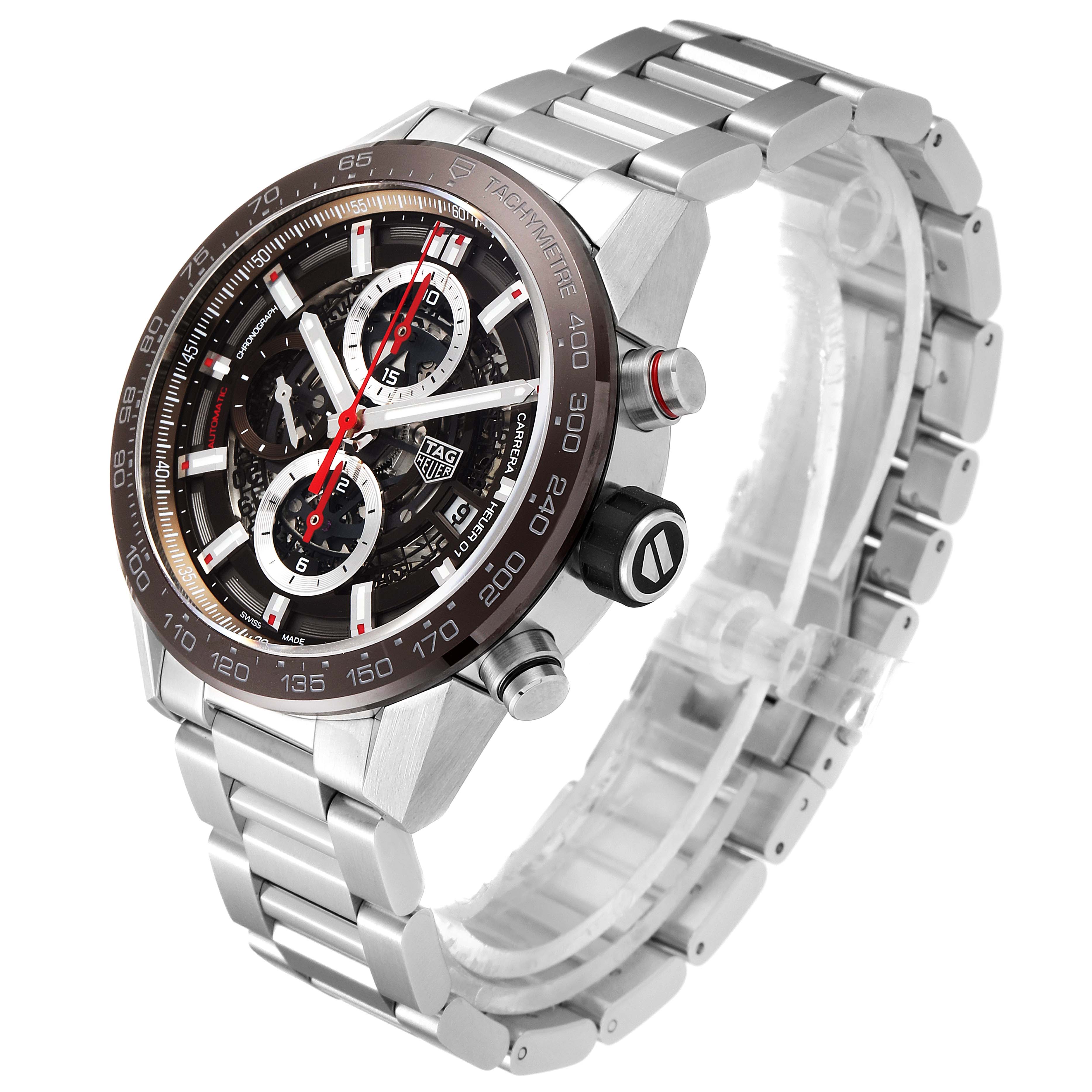 The Tag Heuer Carrera CAR201U.BA0766 Men's Stainless Steel Brown Dial CAR201U.BA0766 Men's Stainless Steel Brown Dial watch is shown at a three-quarter angle, highlighting its face, bezel, crown, and stainless steel bracelet.