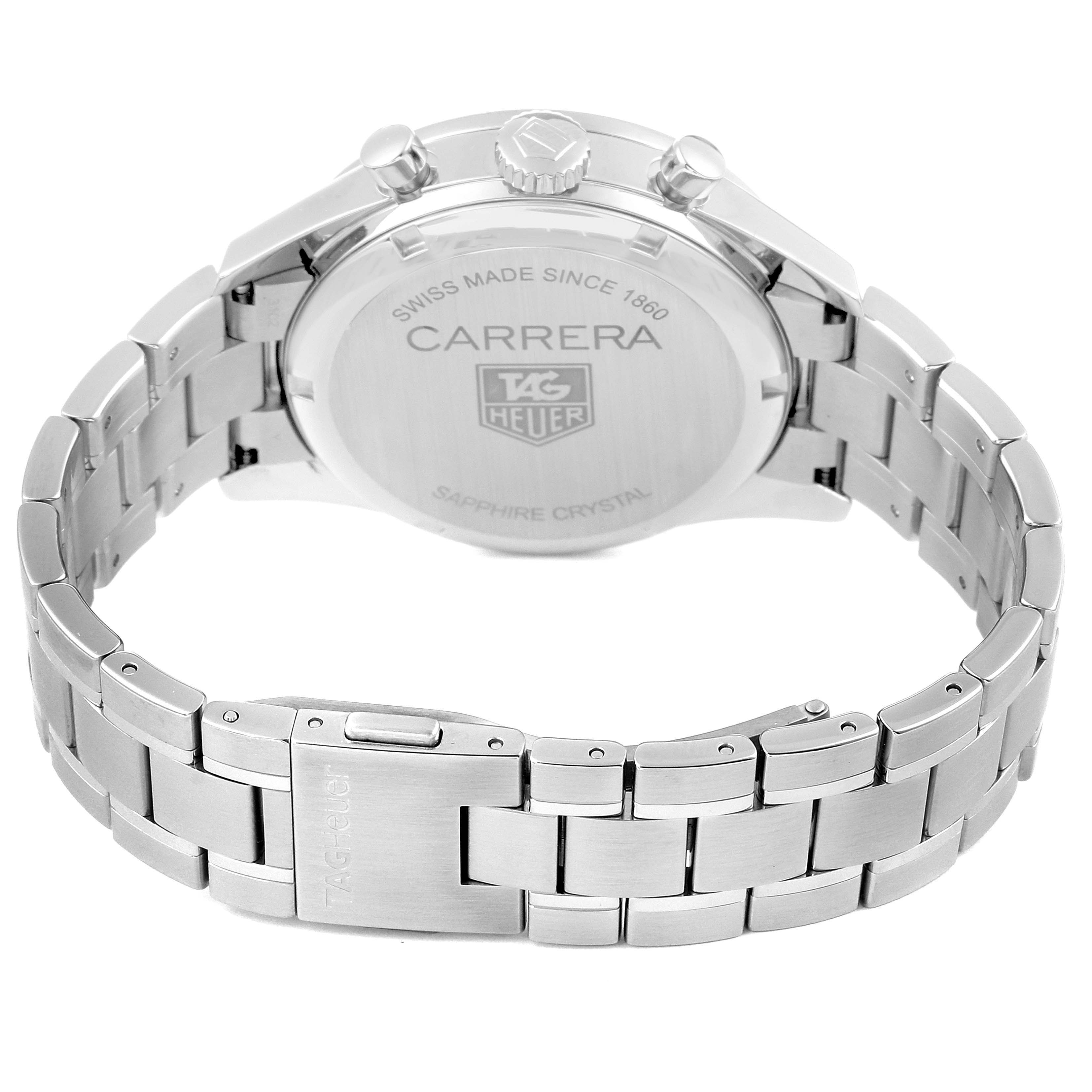 The image shows the back case and bracelet of a Tag Heuer Carrera CV2116 Men's Stainless Steel Mother of Pearl Dial CV2116 Men's Stainless Steel Mother of Pearl Dial watch.