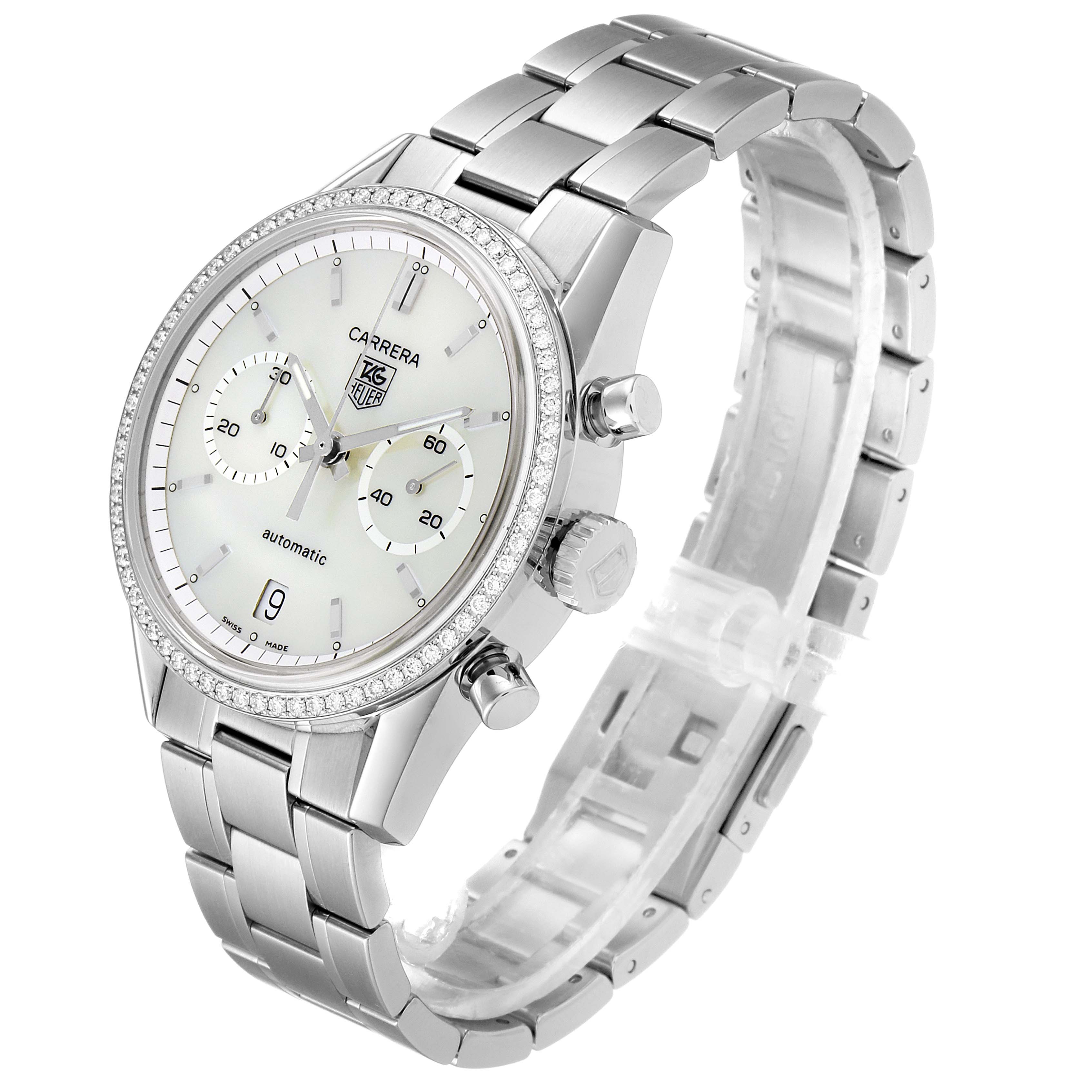 The Tag Heuer Carrera CV2116 Men's Stainless Steel Mother of Pearl Dial CV2116 Men's Stainless Steel Mother of Pearl Dial watch is shown from a right-side angle, displaying the face, bezel, crown, pushers, and bracelet.