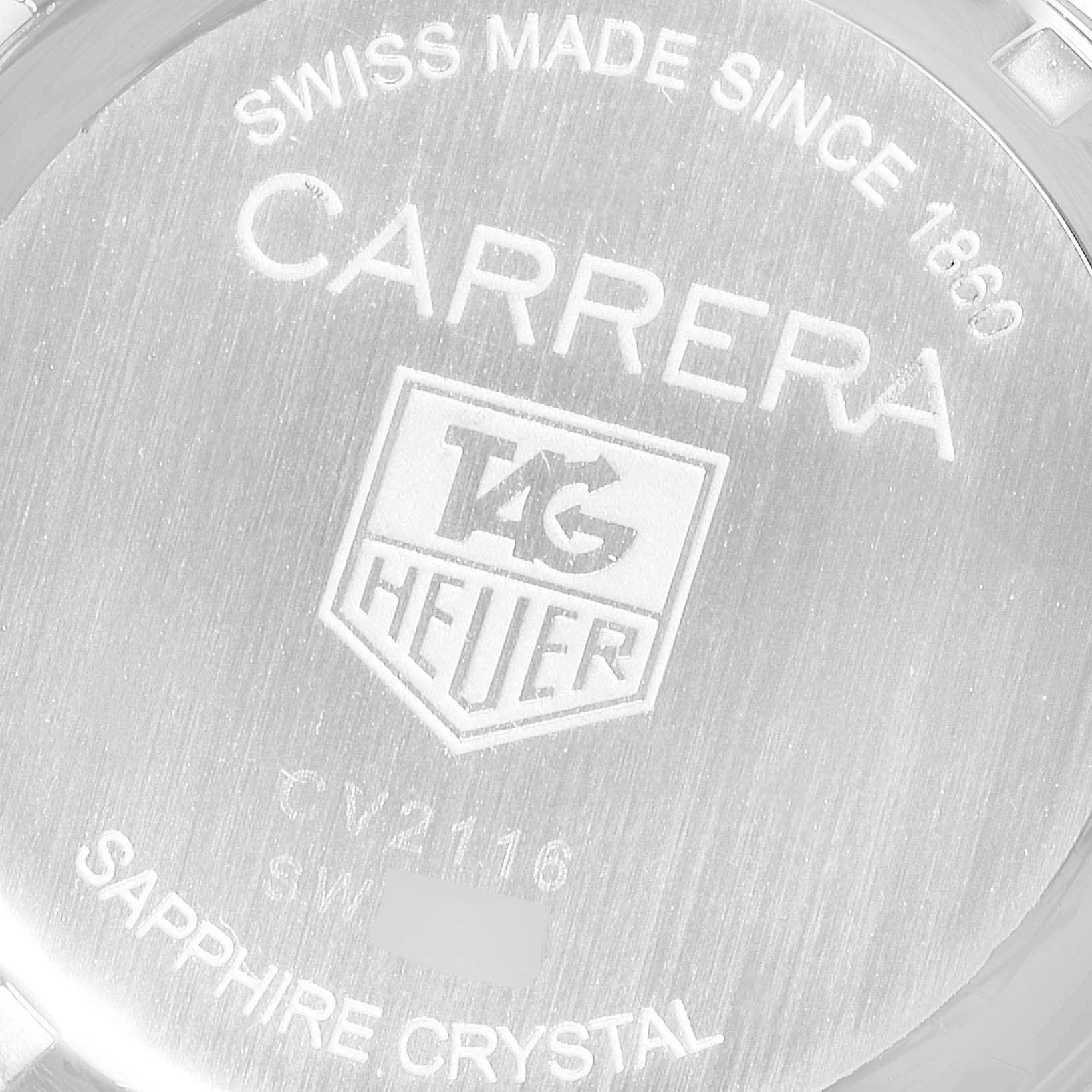 The image shows the back case of a Tag Heuer Carrera CV2116 Men's Stainless Steel Mother of Pearl Dial CV2116 Men's Stainless Steel Mother of Pearl Dial model watch, displaying the brand name, model, and other inscriptions.