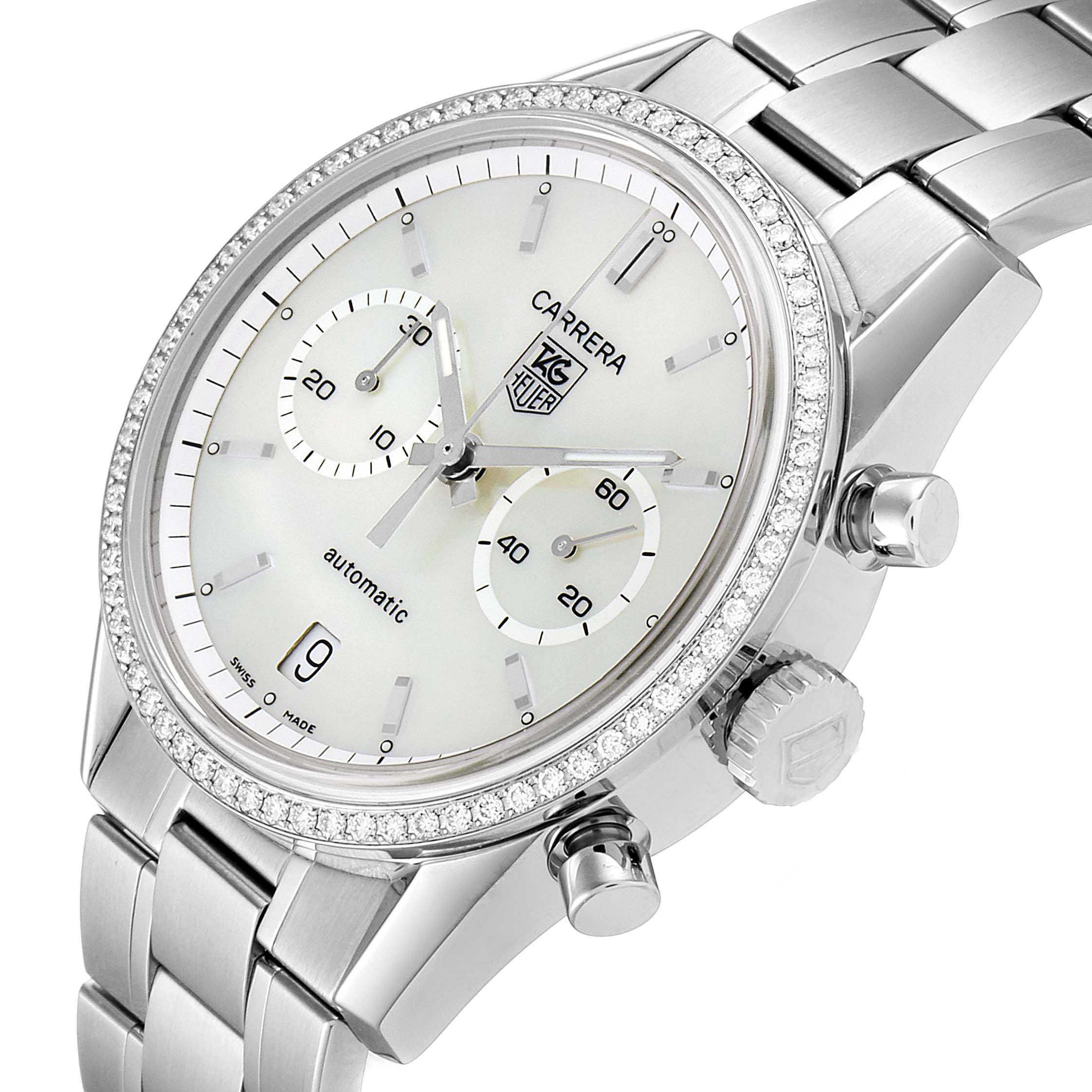 The image shows a side angle of a Tag Heuer Carrera CV2116 Men's Stainless Steel Mother of Pearl Dial CV2116 Men's Stainless Steel Mother of Pearl Dial watch, highlighting its face, bracelet, crown, and chronograph pushers.