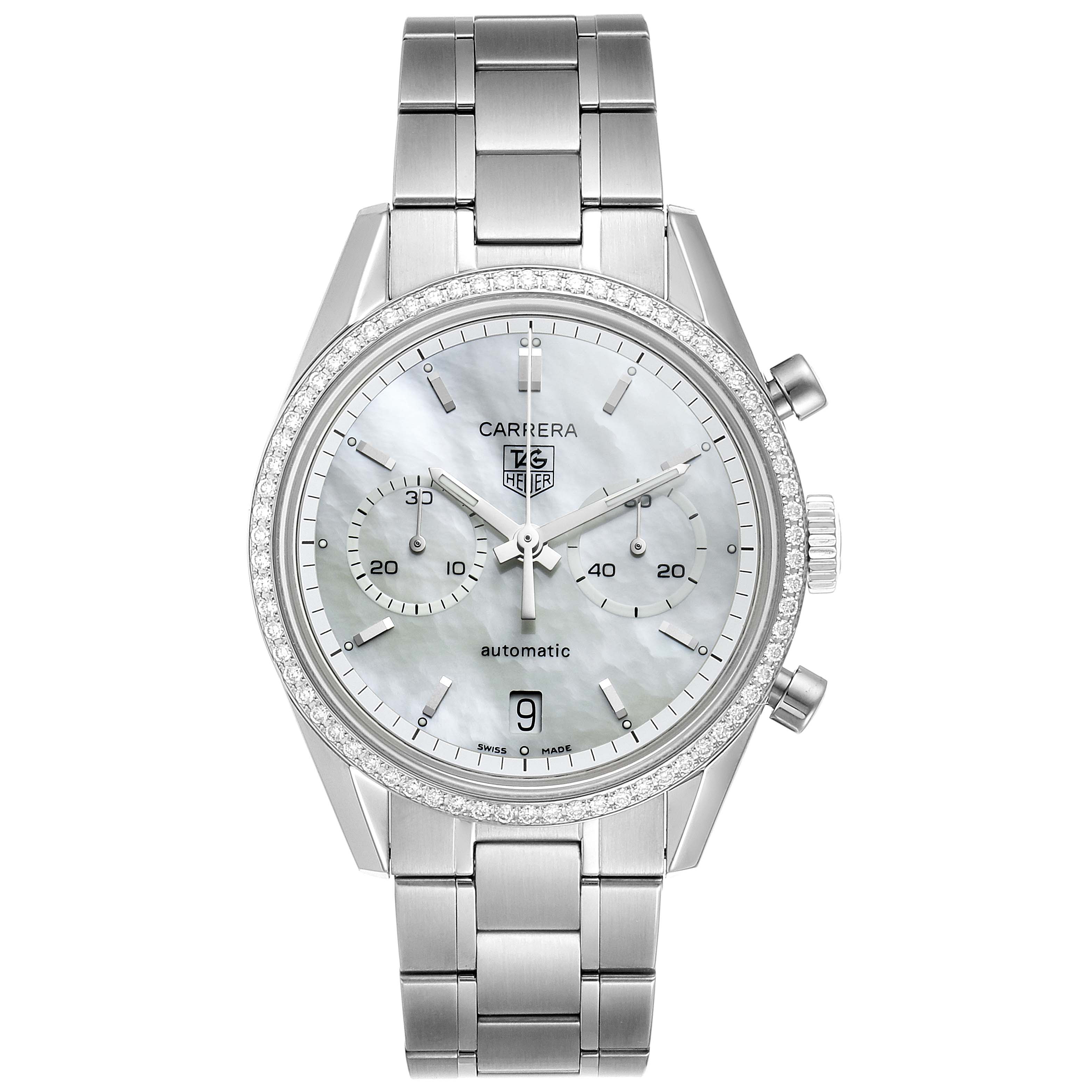 This image shows a front view of the Tag Heuer Carrera CV2116 Men's Stainless Steel Mother of Pearl Dial CV2116 Men's Stainless Steel Mother of Pearl Dial watch, showcasing its dial, bezel, and bracelet.