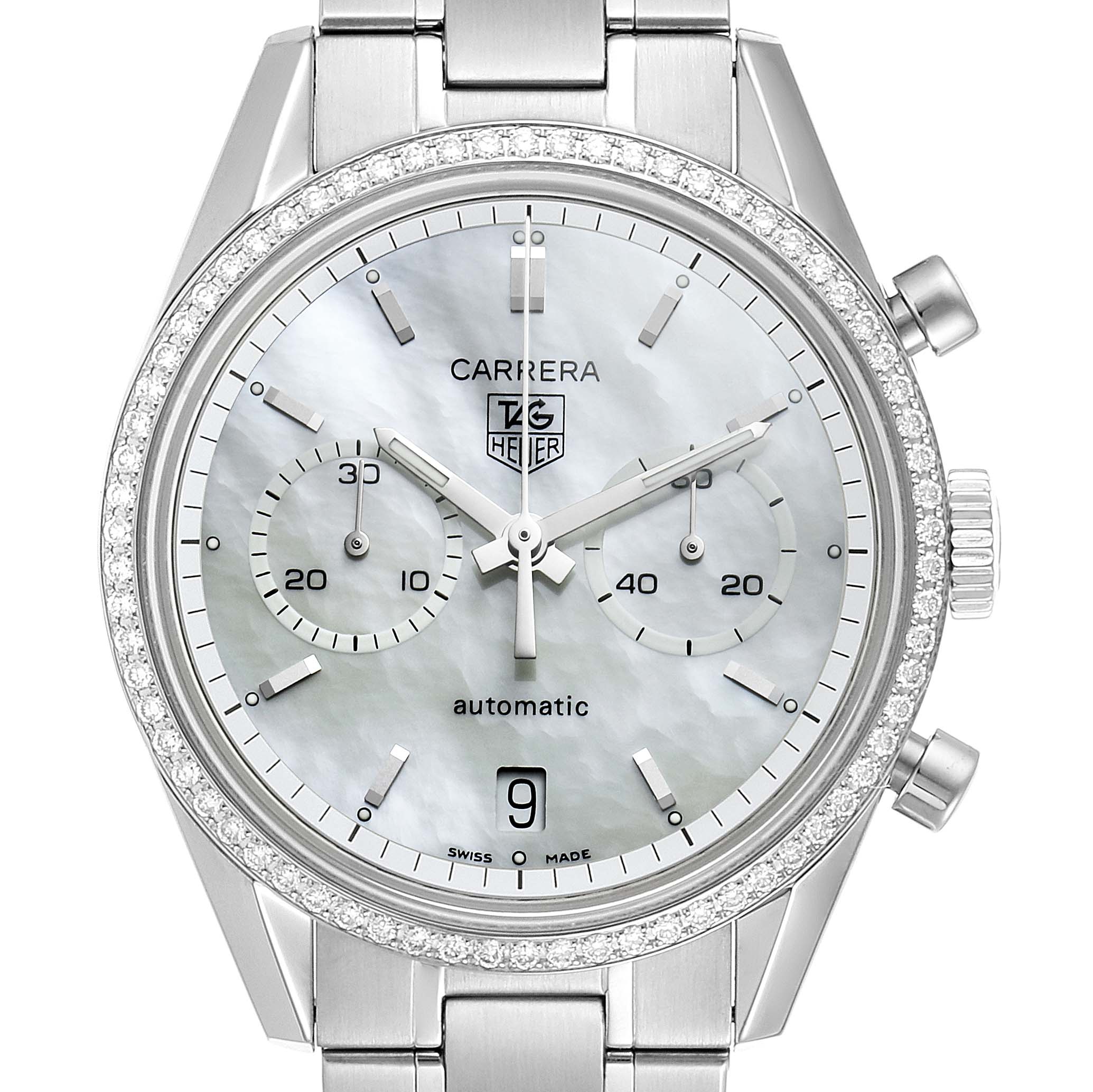 This image shows a frontal view of the Tag Heuer Carrera CV2116 Men's Stainless Steel Mother of Pearl Dial CV2116 Men's Stainless Steel Mother of Pearl Dial watch, showcasing its dial, bezel, and chronograph subdials.