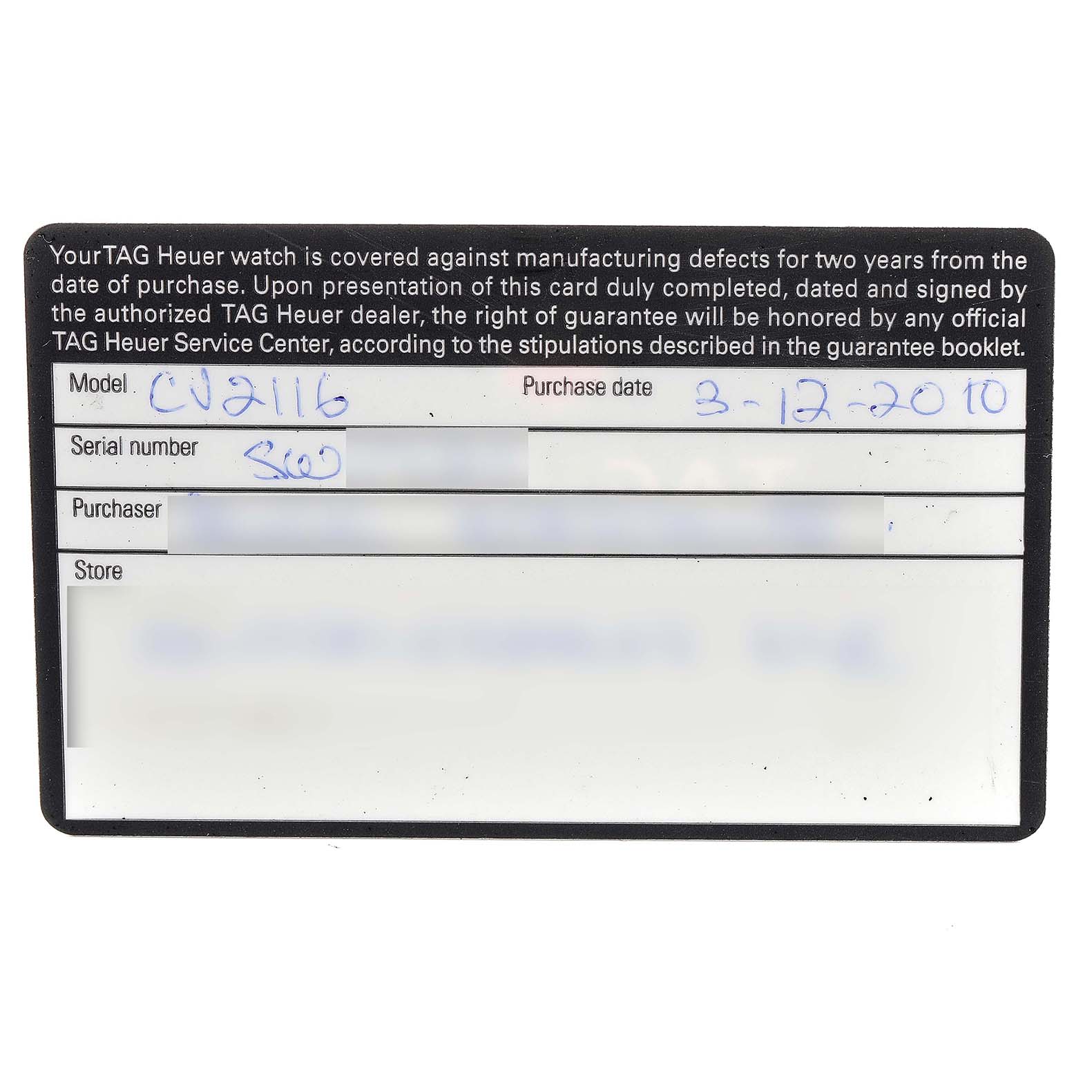 The image shows the warranty card for a Tag Heuer Carrera CV2116 Men's Stainless Steel Mother of Pearl Dial CV2116 Men's Stainless Steel Mother of Pearl Dial model CV2116 watch, including purchase date and serial number.