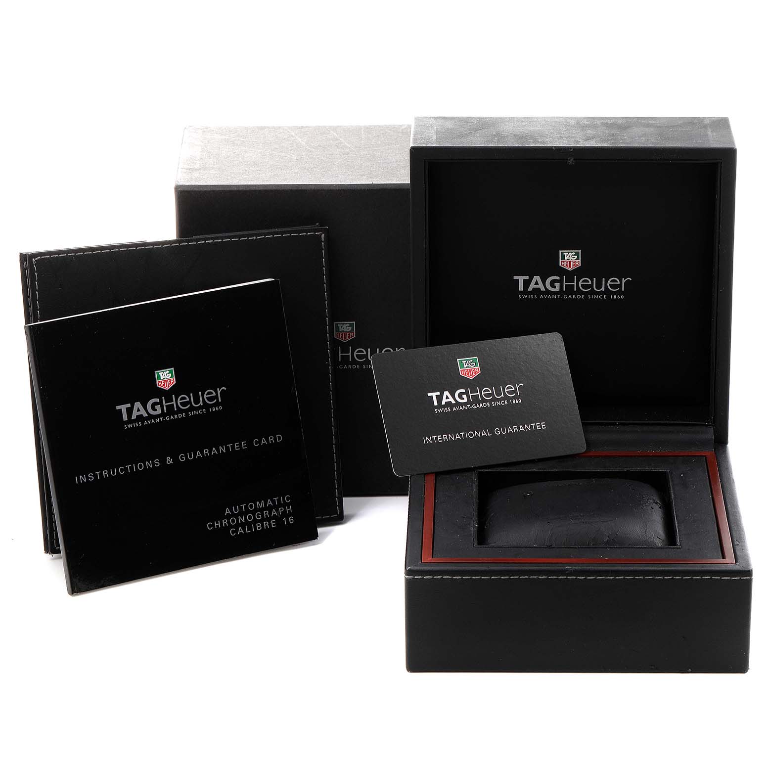 This image shows the packaging, instruction manual, and guarantee card for a Tag Heuer Carrera CV2116 Men's Stainless Steel Mother of Pearl Dial CV2116 Men's Stainless Steel Mother of Pearl Dial watch.