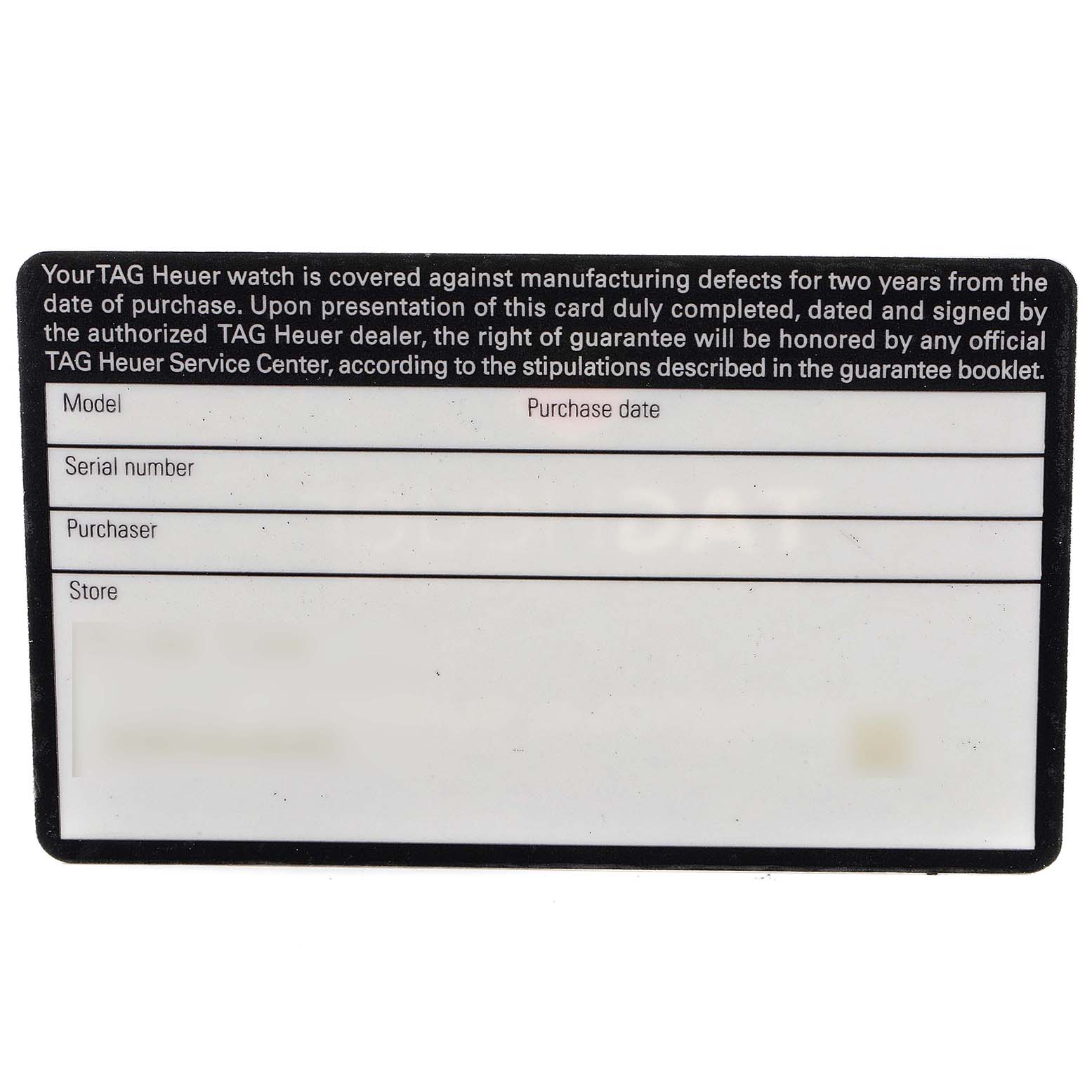 The image shows a warranty card for the Tag Heuer SLR CAG2111.BA0253 Men's Stainless Steel Black Dial CAG2111.BA0253 Men's Stainless Steel Black Dial model watch, providing fields for model, purchase date, serial number, purchaser, and store.