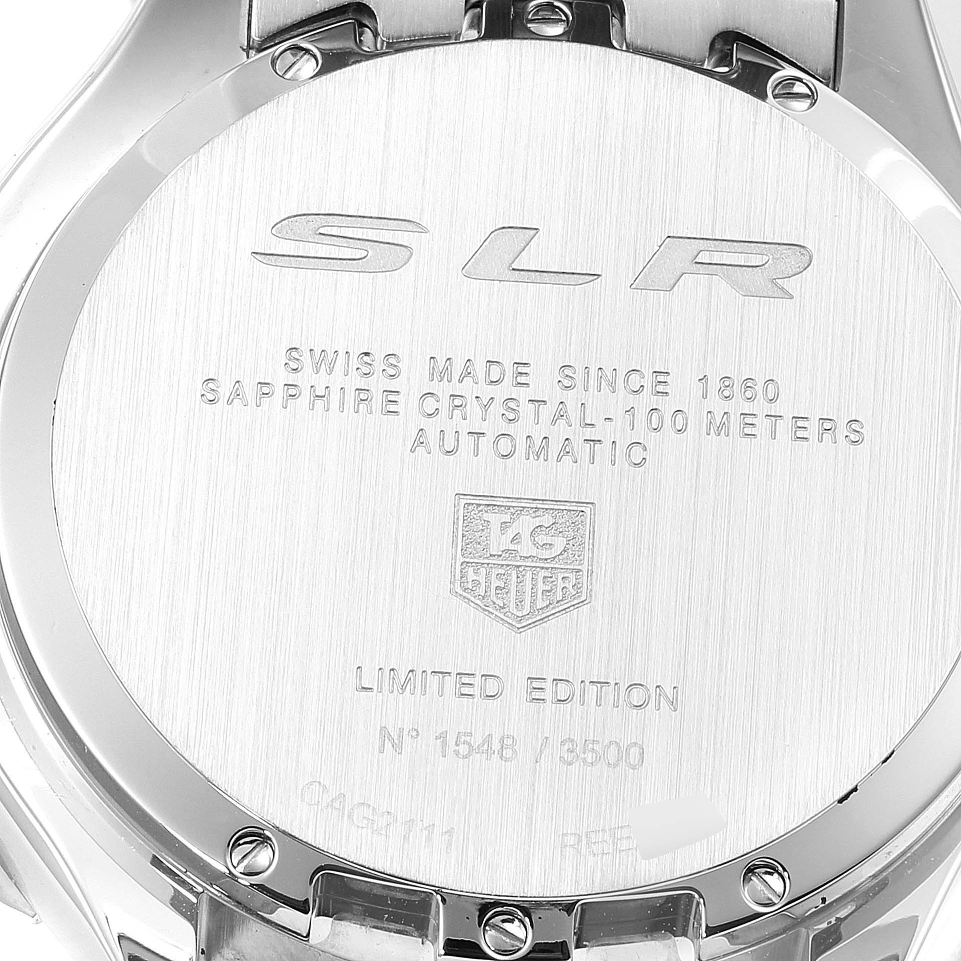 The image shows the back case of the Tag Heuer SLR CAG2111.BA0253 Men's Stainless Steel Black Dial CAG2111.BA0253 Men's Stainless Steel Black Dial model watch, highlighting its limited edition details and branding.