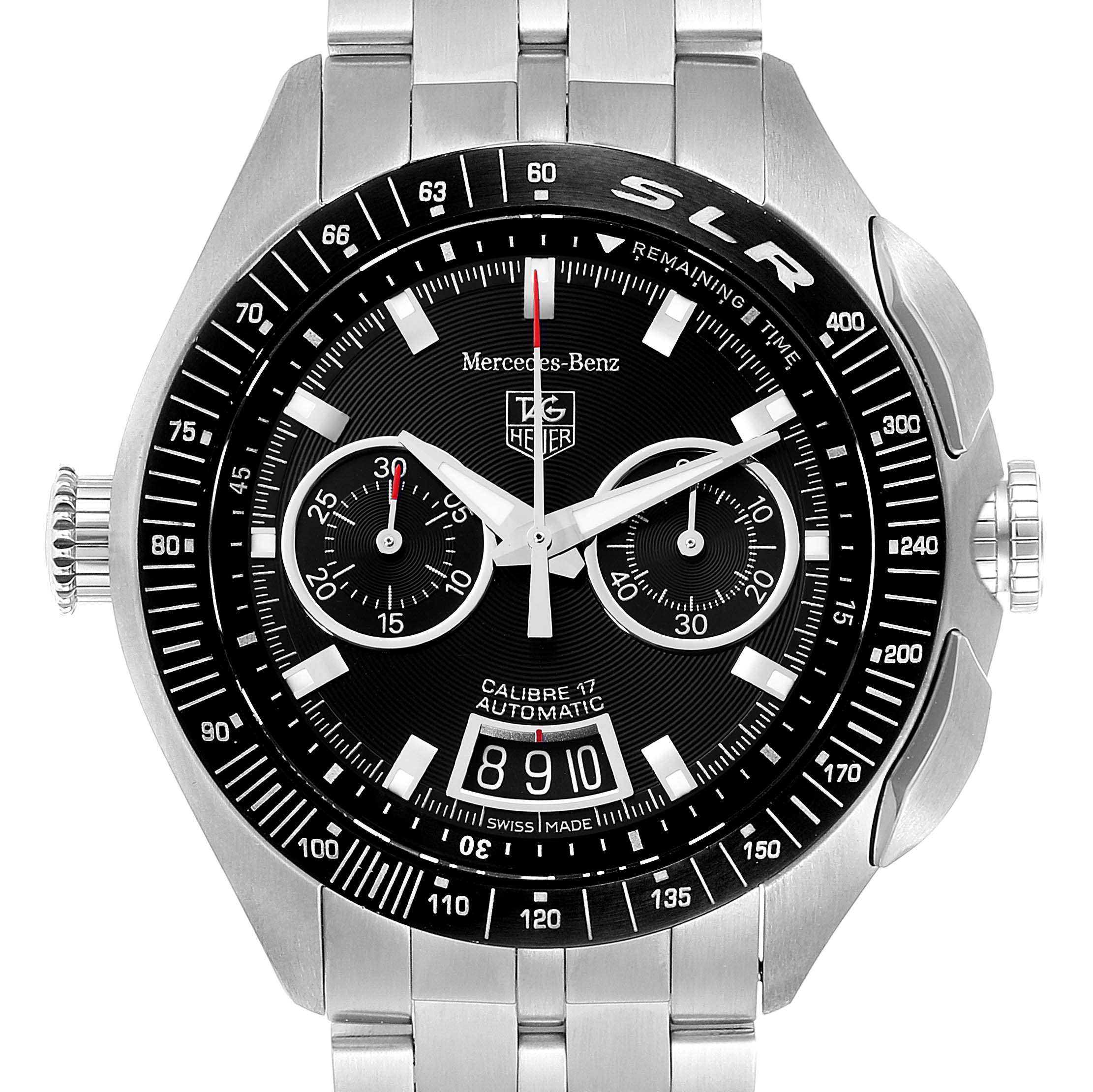 The image shows a front view of the Tag Heuer SLR CAG2111.BA0253 Men's Stainless Steel Black Dial CAG2111.BA0253 Men's Stainless Steel Black Dial watch, emphasizing its dial, bezel, and band.