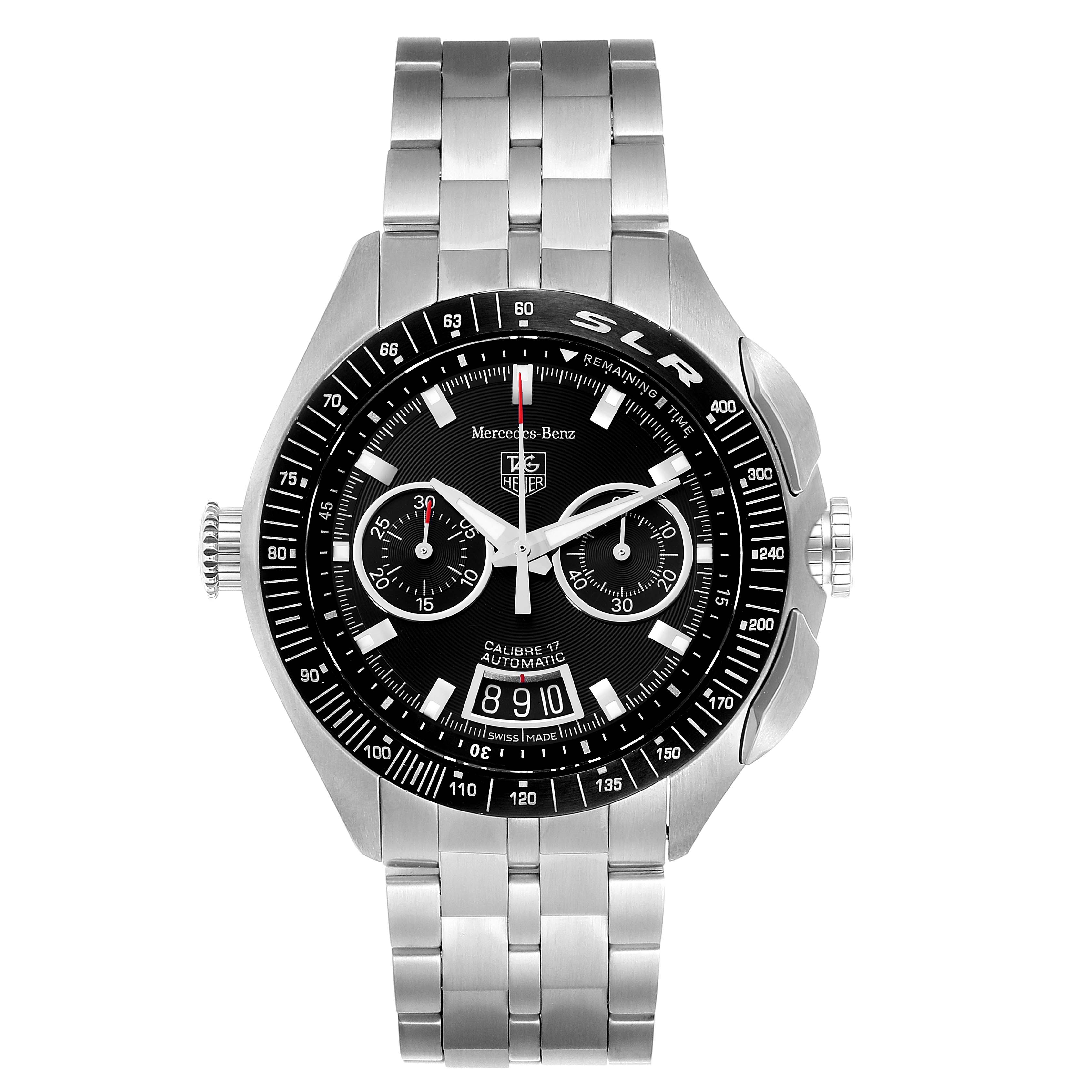 Front view of the Tag Heuer SLR CAG2111.BA0253 Men's Stainless Steel Black Dial CAG2111.BA0253 Men's Stainless Steel Black Dial model watch showing the face, bezel, and stainless steel band.