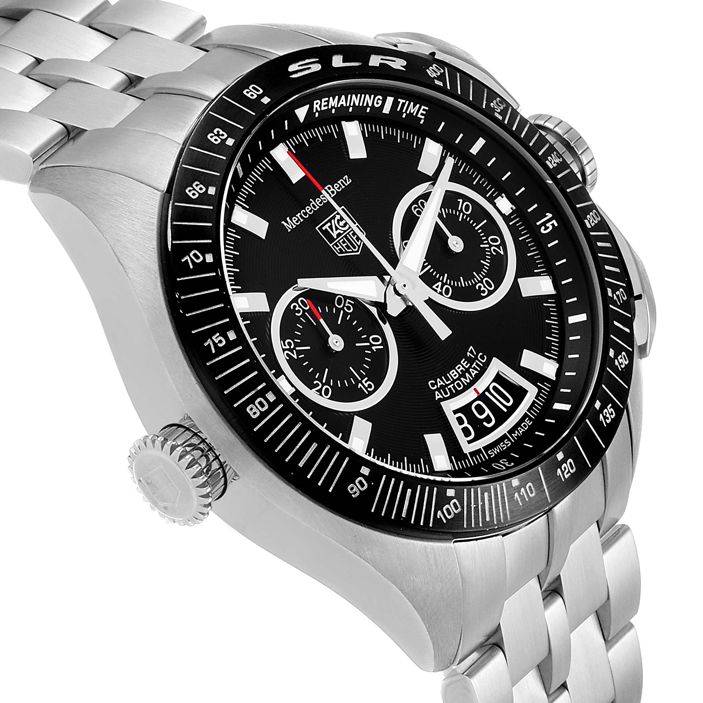 The image shows a side view of the Tag Heuer SLR CAG2111.BA0253 Men's Stainless Steel Black Dial CAG2111.BA0253 Men's Stainless Steel Black Dial model watch, displaying the watch face, dials, bezel, crown, and part of the bracelet.
