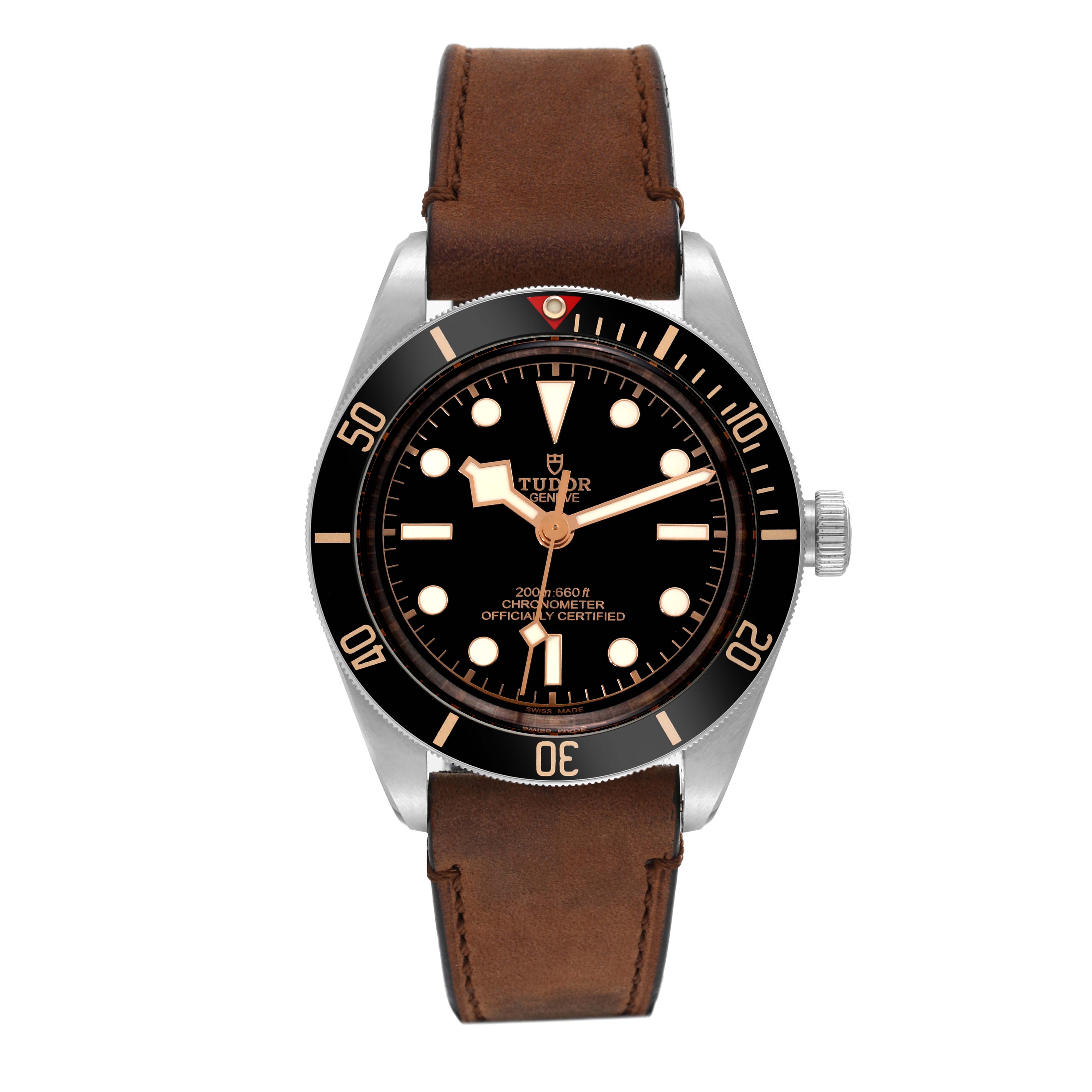 The image shows the front view of a Tudor Heritage Black Bay M79030N-0001 Men
s Stainless Steel Black Dial M79030N-0001 Men
s Stainless Steel Black Dial watch with a brown leather strap and black dial.