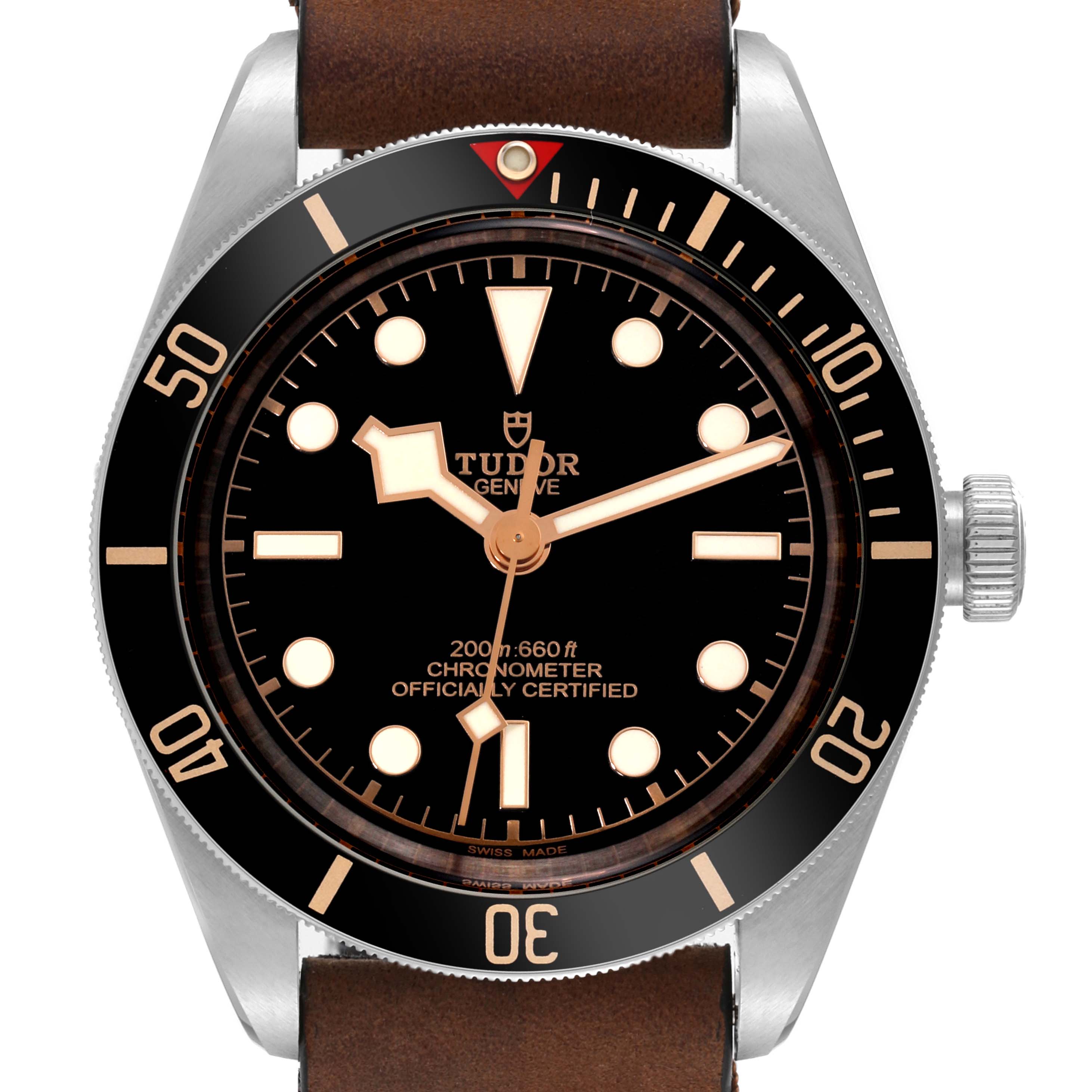 The image shows a front view of the Tudor Heritage Black Bay M79030N-0001 Men
s Stainless Steel Black Dial M79030N-0001 Men
s Stainless Steel Black Dial watch, featuring its dial, bezel, and part of the leather strap.