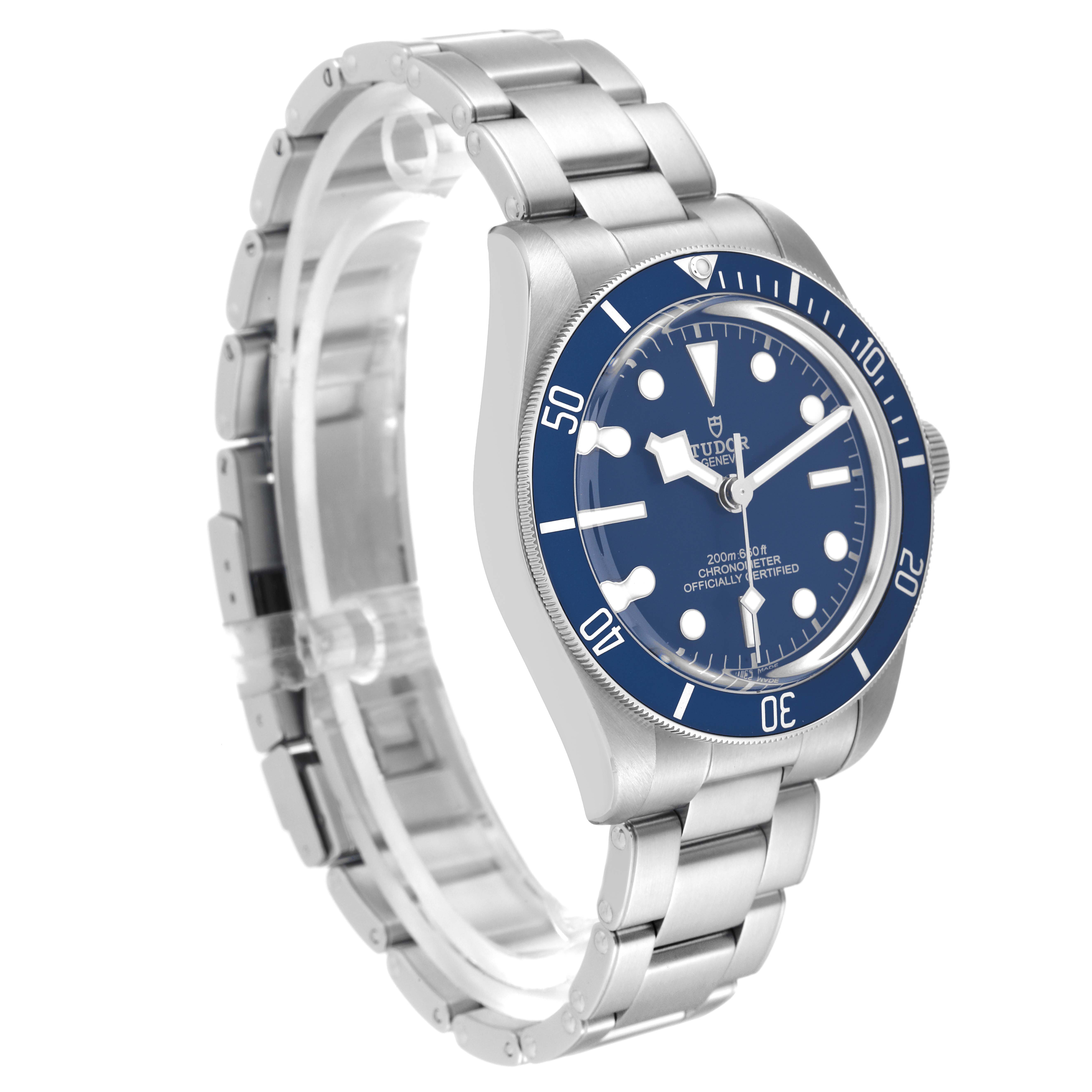 The Tudor Heritage Black Bay 79030B Men's Stainless Steel Blue Dial 79030B Men's Stainless Steel Blue Dial watch is shown at a three-quarter angle, displaying the face, bezel, bracelet, and crown.