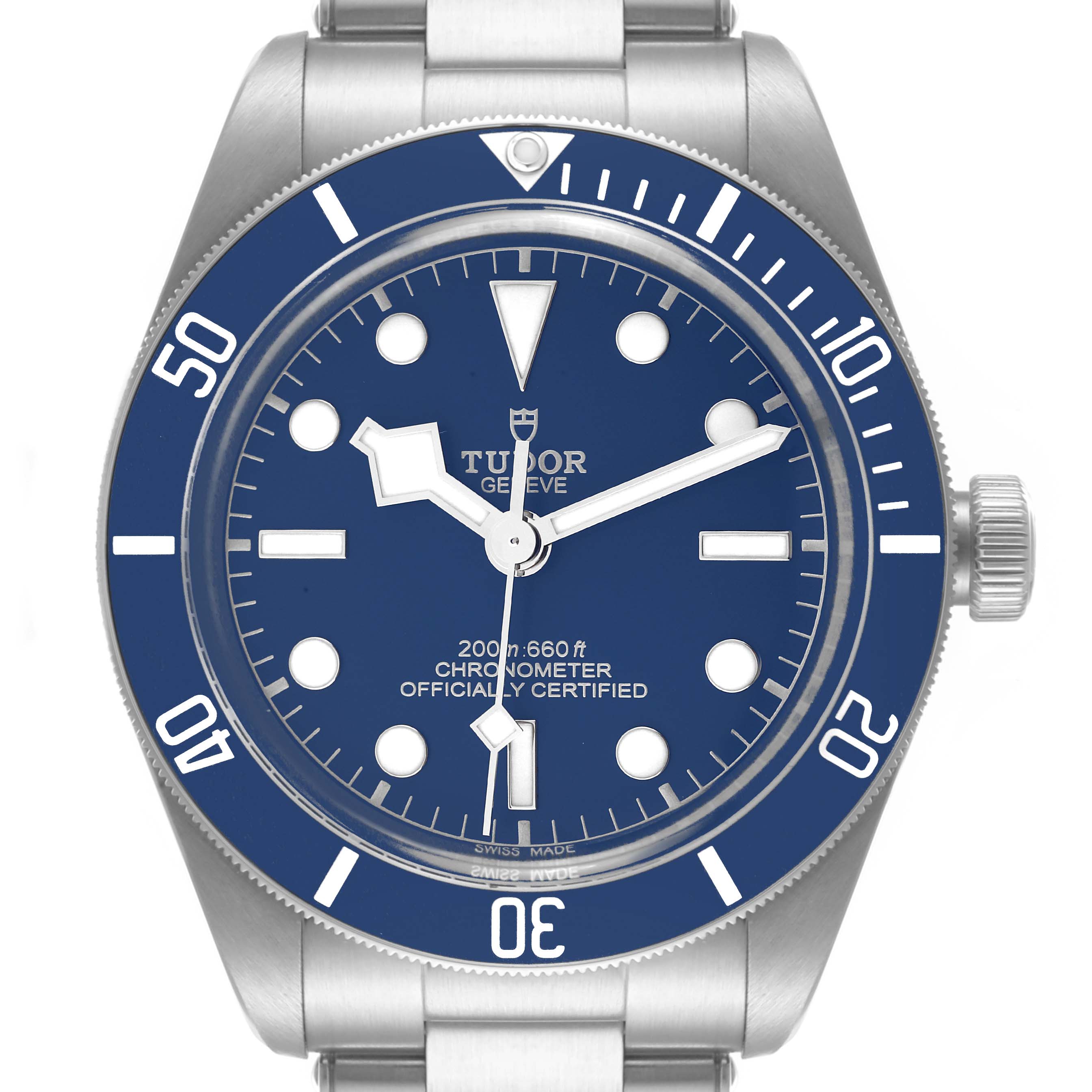 The image shows a front view of the Tudor Heritage Black Bay 79030B Men's Stainless Steel Blue Dial 79030B Men's Stainless Steel Blue Dial watch, displaying the dial, bezel, and part of the bracelet.