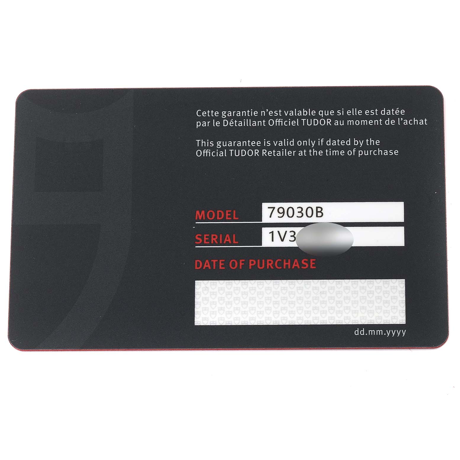 The image shows the warranty card for the Tudor Heritage Black Bay 79030B Men's Stainless Steel Blue Dial 79030B Men's Stainless Steel Blue Dial model 79030B, displaying the model, serial number, and purchase details.