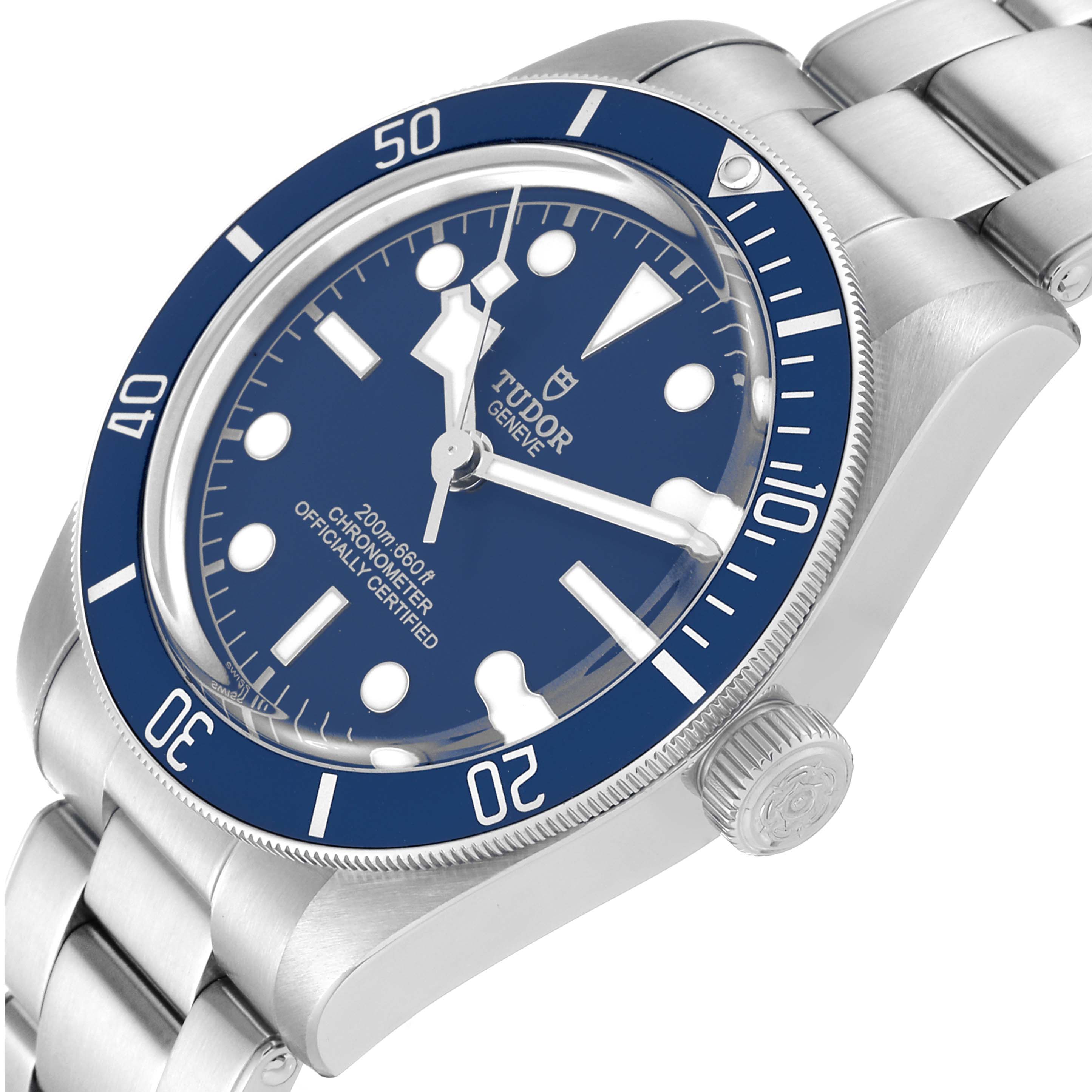 The image shows a close-up side angle of the Tudor Heritage Black Bay 79030B Men's Stainless Steel Blue Dial 79030B Men's Stainless Steel Blue Dial watch, highlighting the blue face, bezel, and metal bracelet.