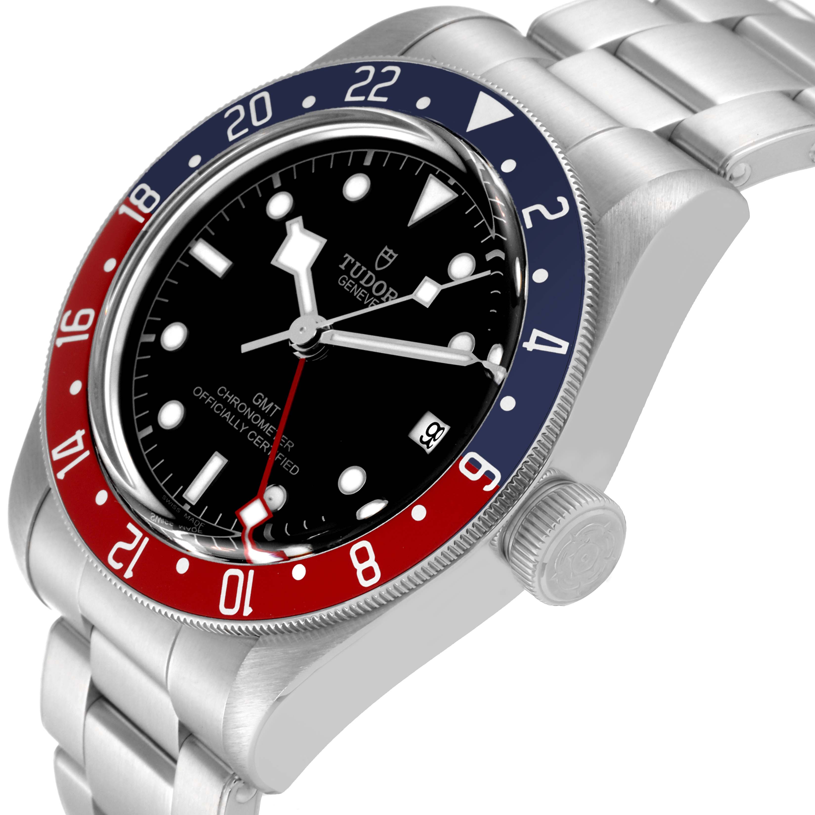 The Tudor Heritage Black Bay 79830RB Men
s Stainless Steel Black Dial 79830RB Men
s Stainless Steel Black Dial watch is shown at a three-quarter angle, highlighting the bezel, dial, crown, and part of the bracelet.