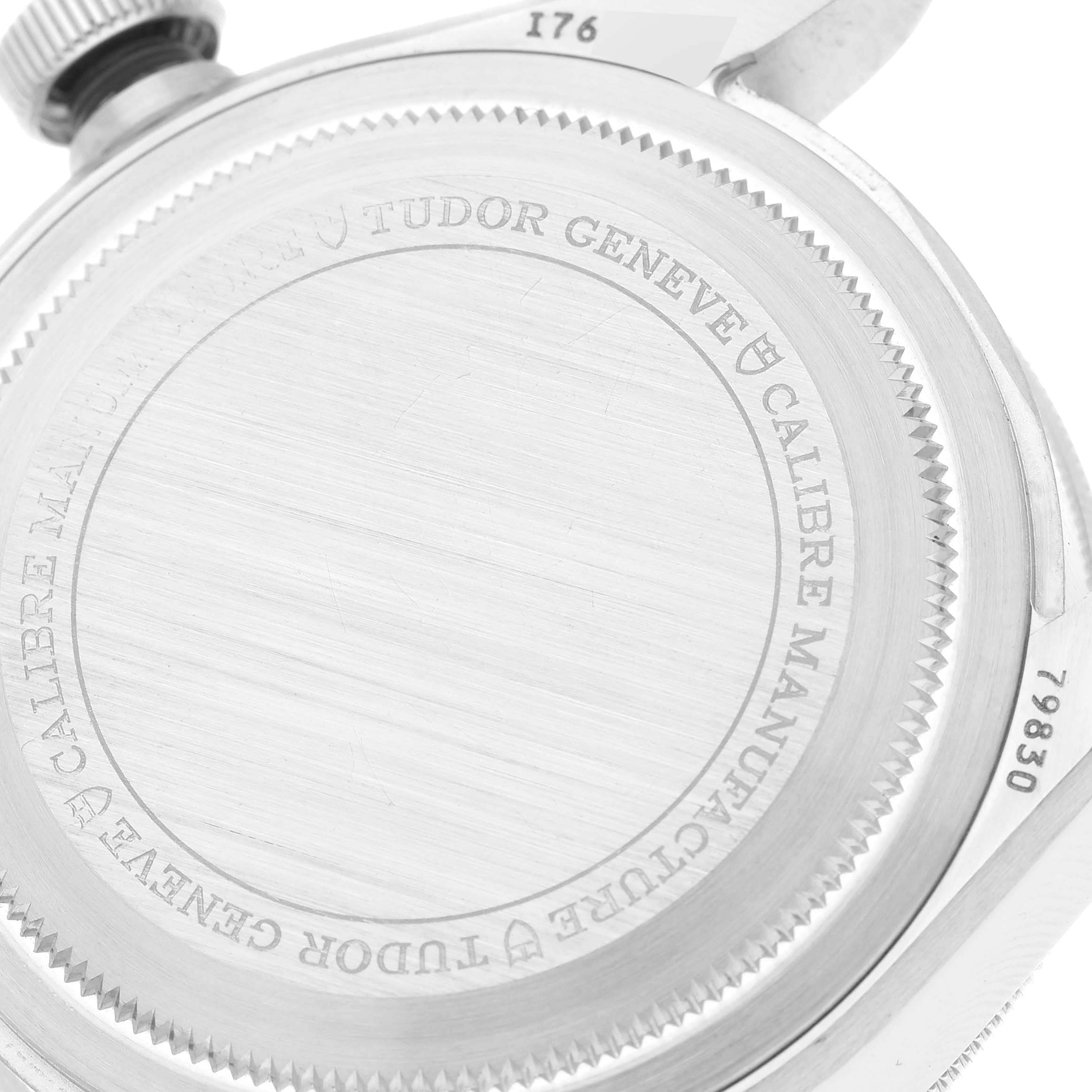 This image shows the back case and crown of the Tudor Heritage Black Bay 79830RB Men
s Stainless Steel Black Dial 79830RB Men
s Stainless Steel Black Dial watch from an angled close-up view.