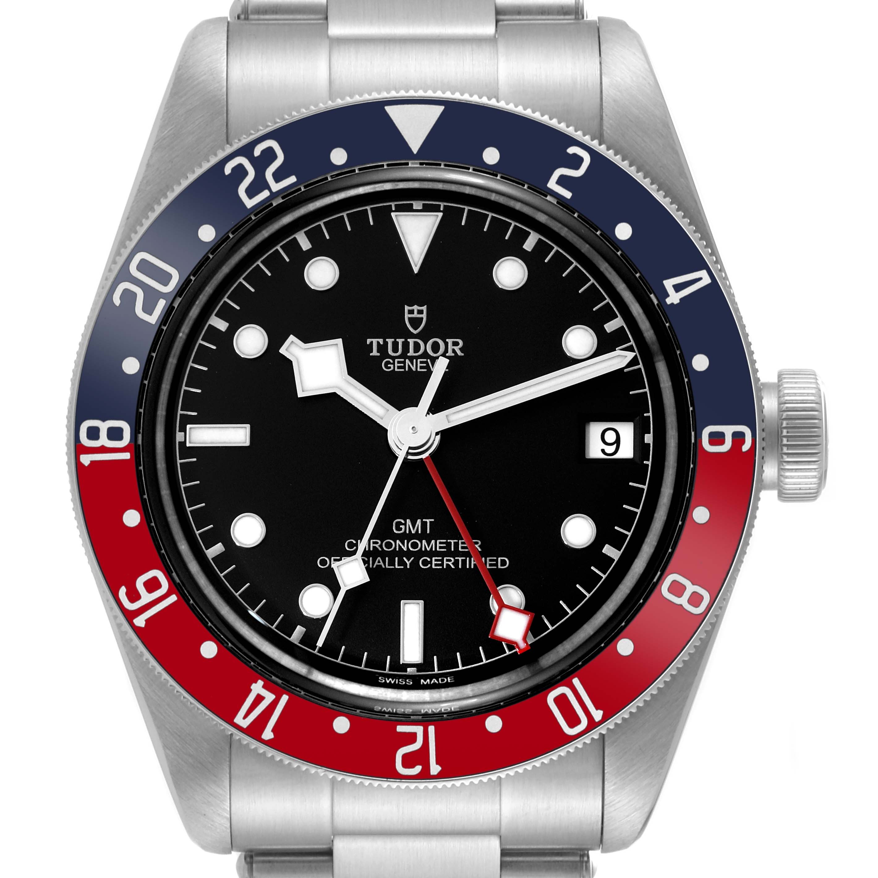 This image shows a front view of the Tudor Heritage Black Bay 79830RB Men
s Stainless Steel Black Dial 79830RB Men
s Stainless Steel Black Dial GMT watch, highlighting its dial, bezel, and part of the bracelet.