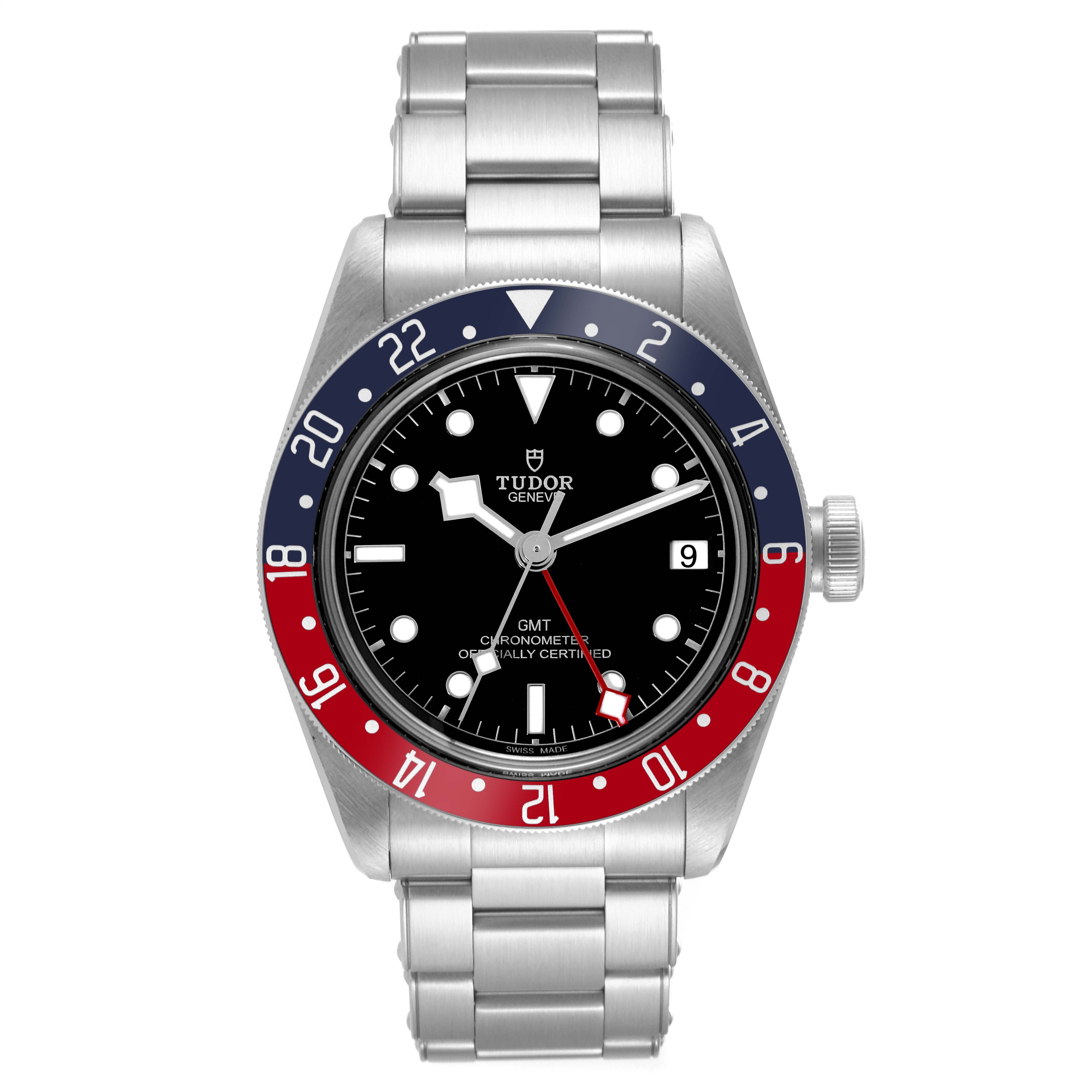 The image shows a front view of the Tudor Heritage Black Bay 79830RB Men
s Stainless Steel Black Dial 79830RB Men
s Stainless Steel Black Dial watch, showcasing its face, bezel, and metal bracelet.