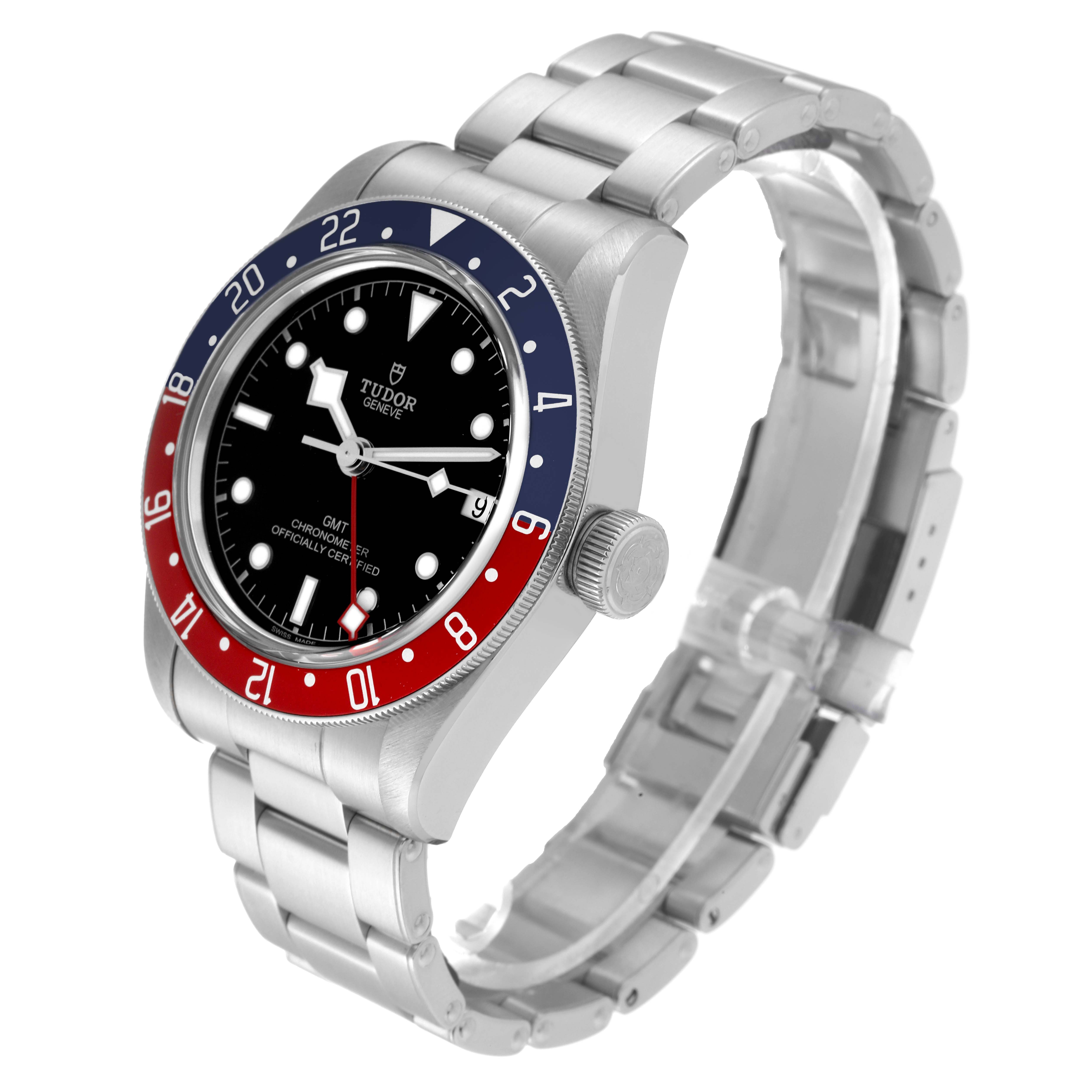 This image shows a Tudor Heritage Black Bay 79830RB Men
s Stainless Steel Black Dial 79830RB Men
s Stainless Steel Black Dial watch at an angled side view, highlighting the face, bezel, and bracelet.