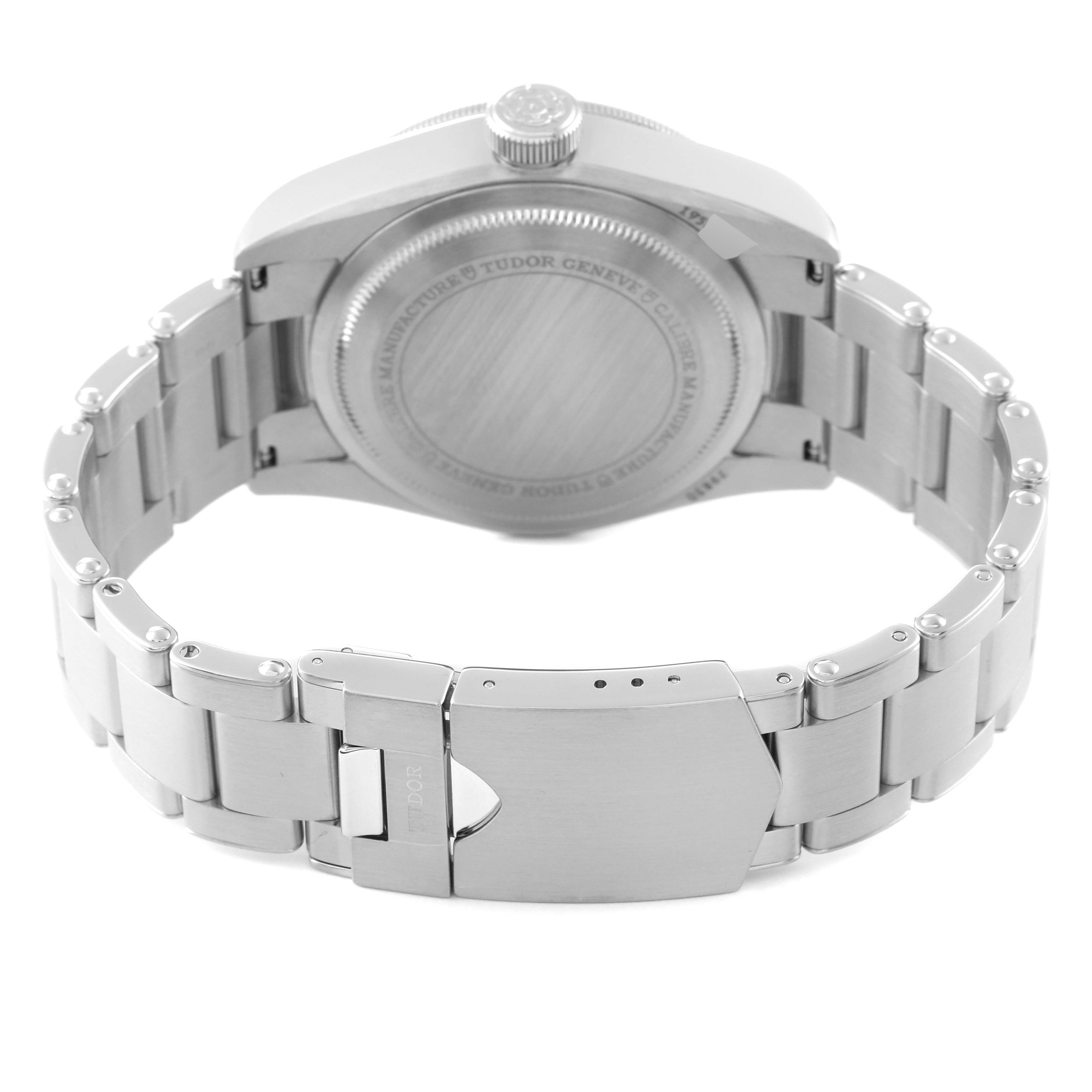 The image shows the back case and bracelet of a Tudor Heritage Black Bay 79830RB Men
s Stainless Steel Black Dial 79830RB Men
s Stainless Steel Black Dial watch from a rear angle.